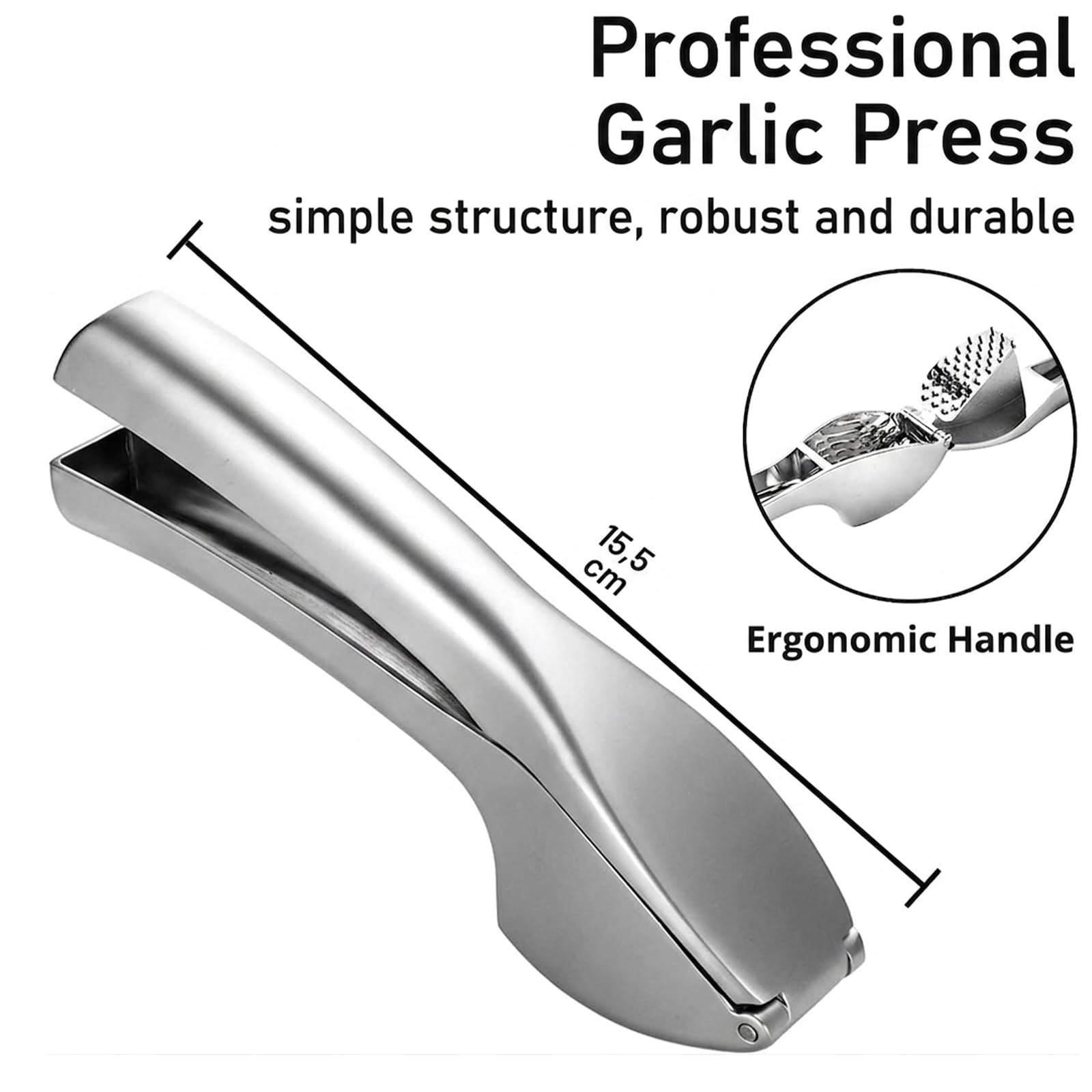 Prensa de ajos premium de acero inoxidable – Triturado de ajo y jengibre sin esfuerzo – Ergonómica, duradera, apta para lavavajillas, ideal para cocinas domésticas
