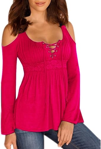 Womens Cold Shoulder Lace Up Casual Tunic Solid Blouse Tops