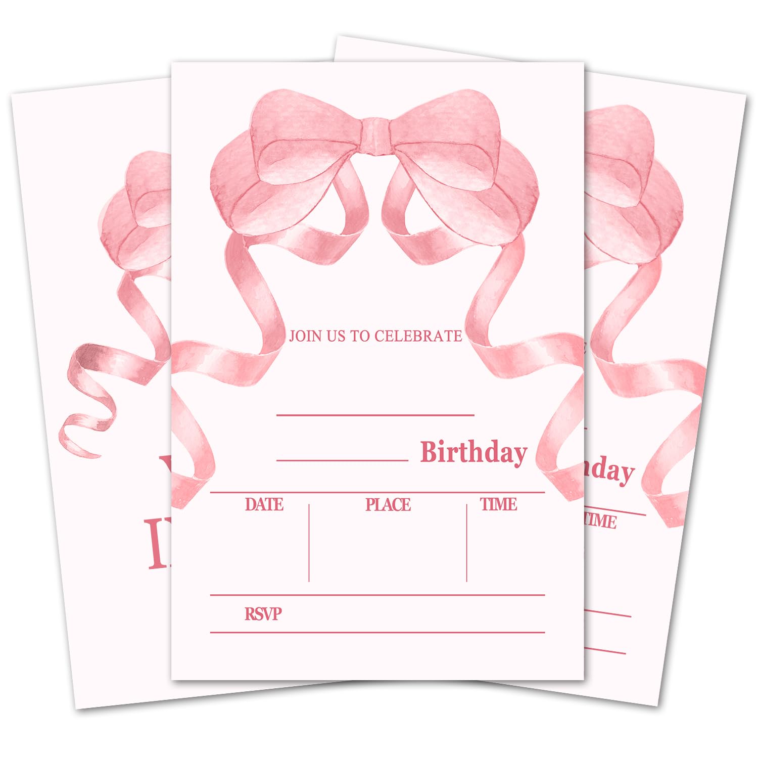 LETUROIA Pink Bow Birthday Invitation Cards, Birthday Party Invitations For Girls, Birthday Party Favors Decorations Supplies, Invitations With