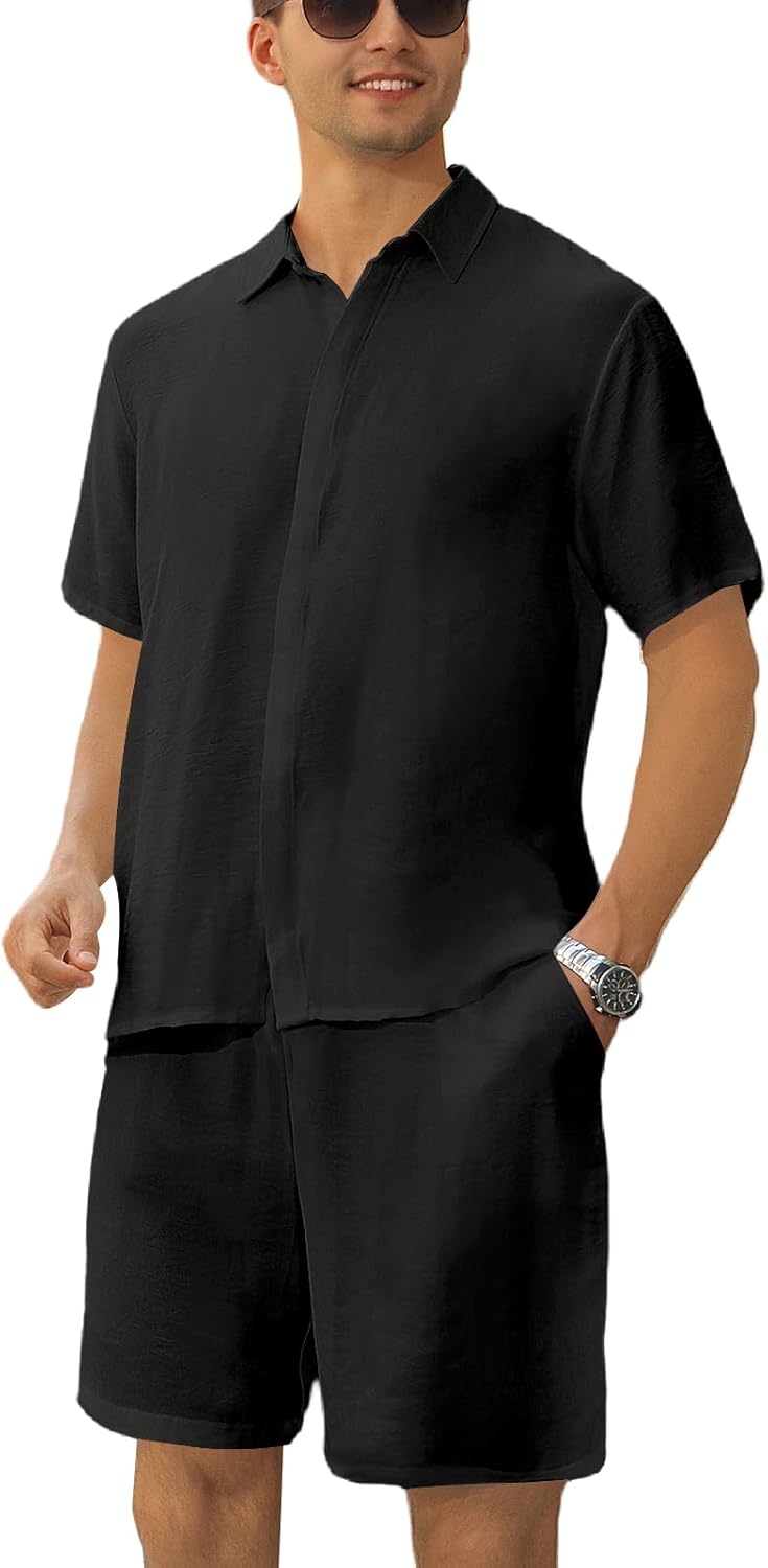 Men’s 2 Piece Outfits Summer Beach Short Sleeve Shirts and Shorts Vacation Outfits Shirt and Shorts Sets for Men