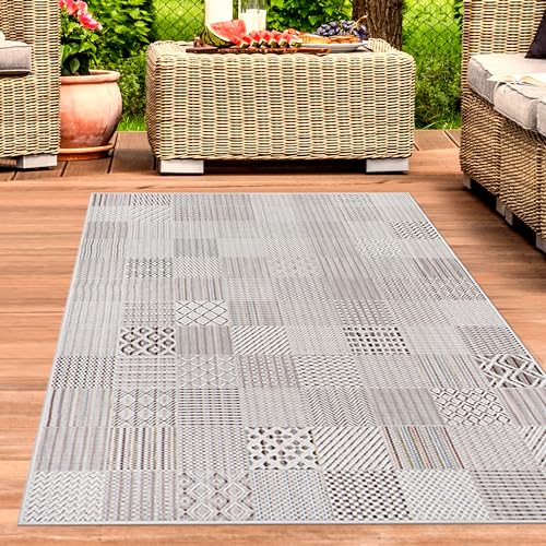 CARPETIA Alfombra de Exterior para Sala de Estar jardín terraza acristalada balcón Resistente a la Intemperie con Varios Azulejos Decorados en Gris Crema, 200 x 290 cm