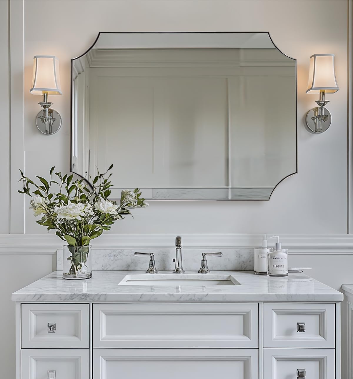 - ANDY STAR Brushed Nickel Mirror 30x40 Inch, Scalloped Bathroom Mirror, Silver Bathroom Mirror in Anti-Rust Stainless Steel Metal Thin Frame Deep 1’’, Large Wall-Mounted Mirror (Horizontal/Vertical)