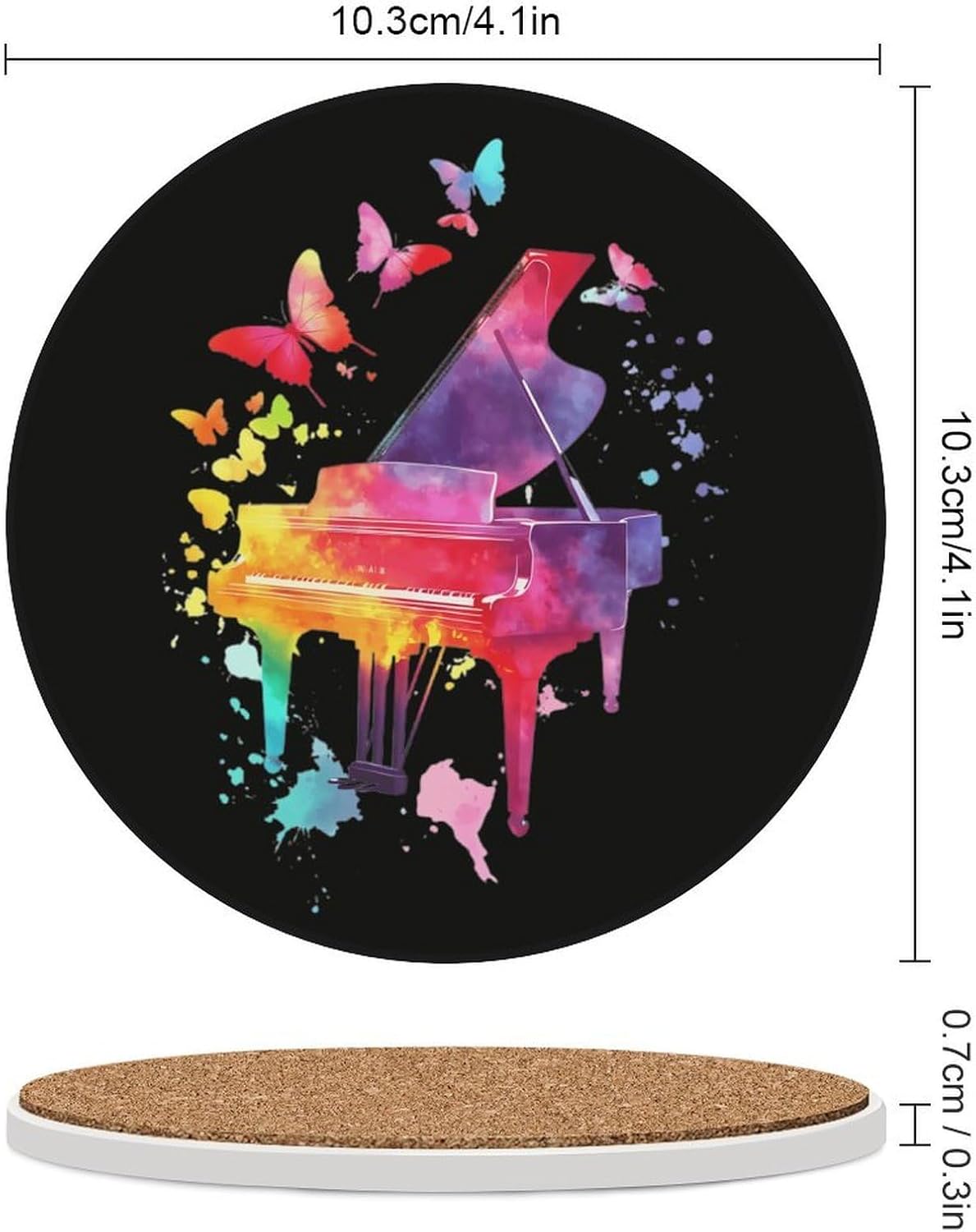 Colorful Piano with Butterflies Round Ceramic Coasters Print Drinks Absorbent with Cork Base for Home Decor Gifts 4 Inch
