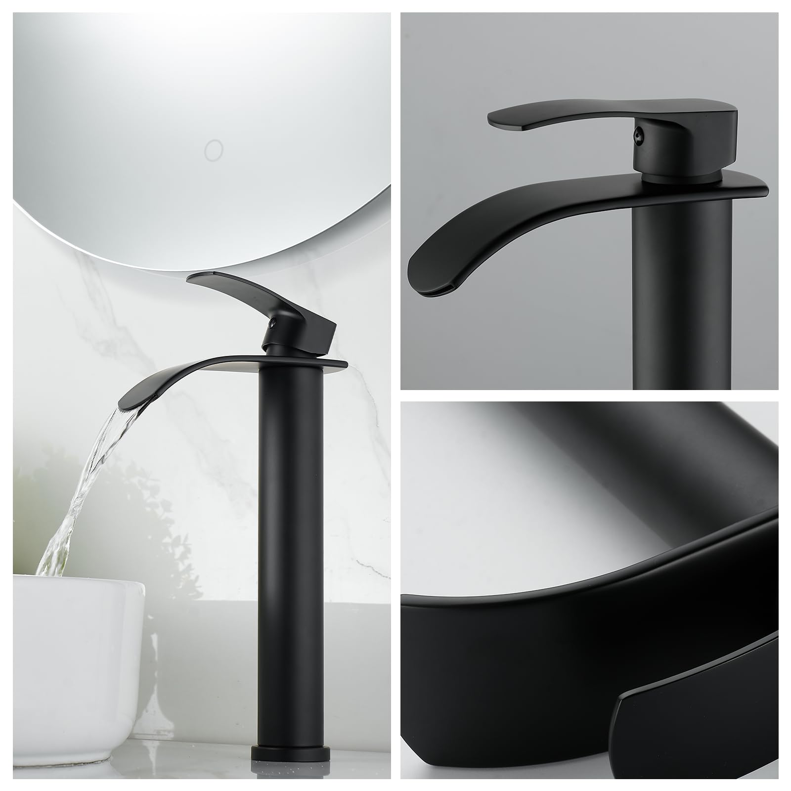 Grifo de lavabo de baño en cascada, grifo de baño alto negro, manija única, con desagüe de metal y tubo de alimentación de agua, orificio único, adecuado para barcos.