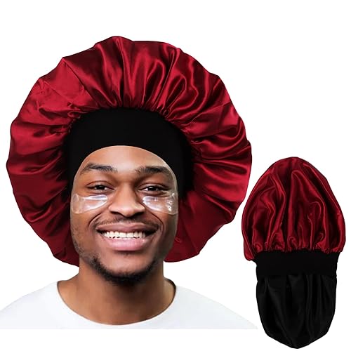 Miniatura 7 de Gorro para Hombre, Gorro de Satén para Dormir, Gorros de Doble Capa de Satén para Mujeres Negras con Cabello Rizado y Trenzas, Gorra Reversible