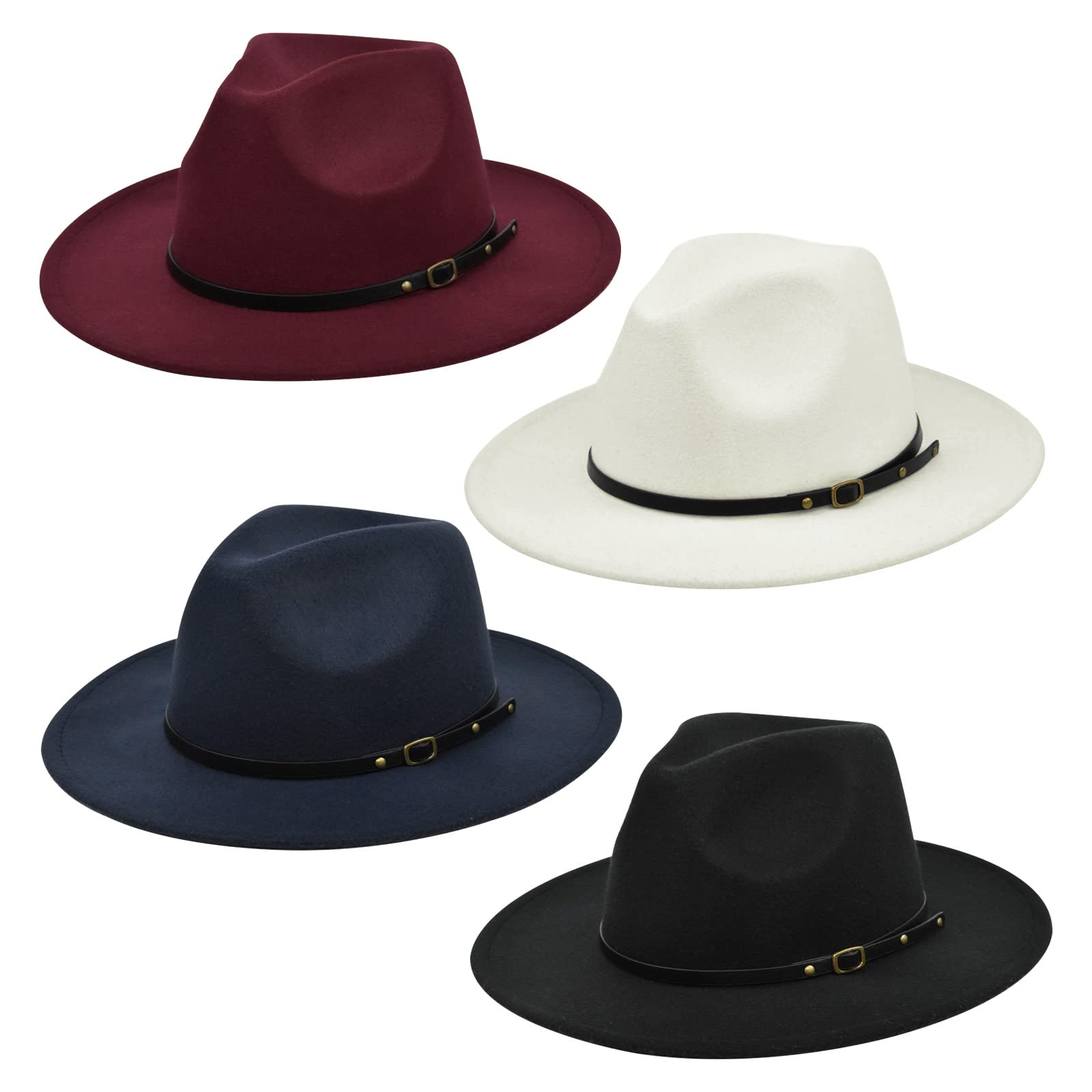 Women Classic Wide Brim Fedora Hat, 4 Pack Retro Panama Hat Wool Fedora Hat with Belt Buckle, Black+wine Red+navy Blue+beige, 6 1/8