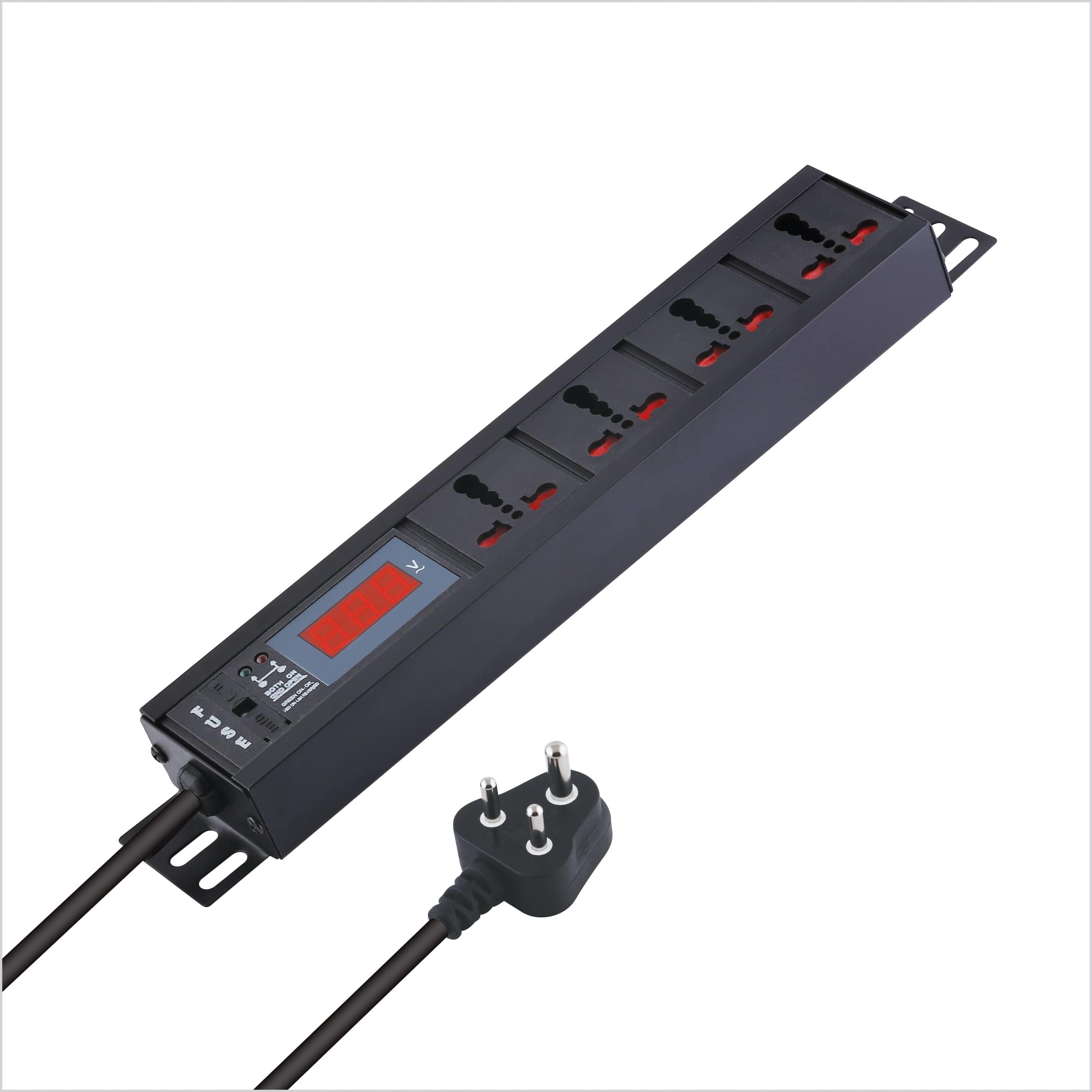 MX 5‑Outlet Extension Board 1500 W 6 A with Live Voltage Display – ISI‑Marked 0.75 mm² Cable, Built‑in Fuse & Master Switch, Wall/Rack Mount, 5 m Cord (4-Outlet/ 6-16 Amp/Voltage Display, 1.5 Meter)