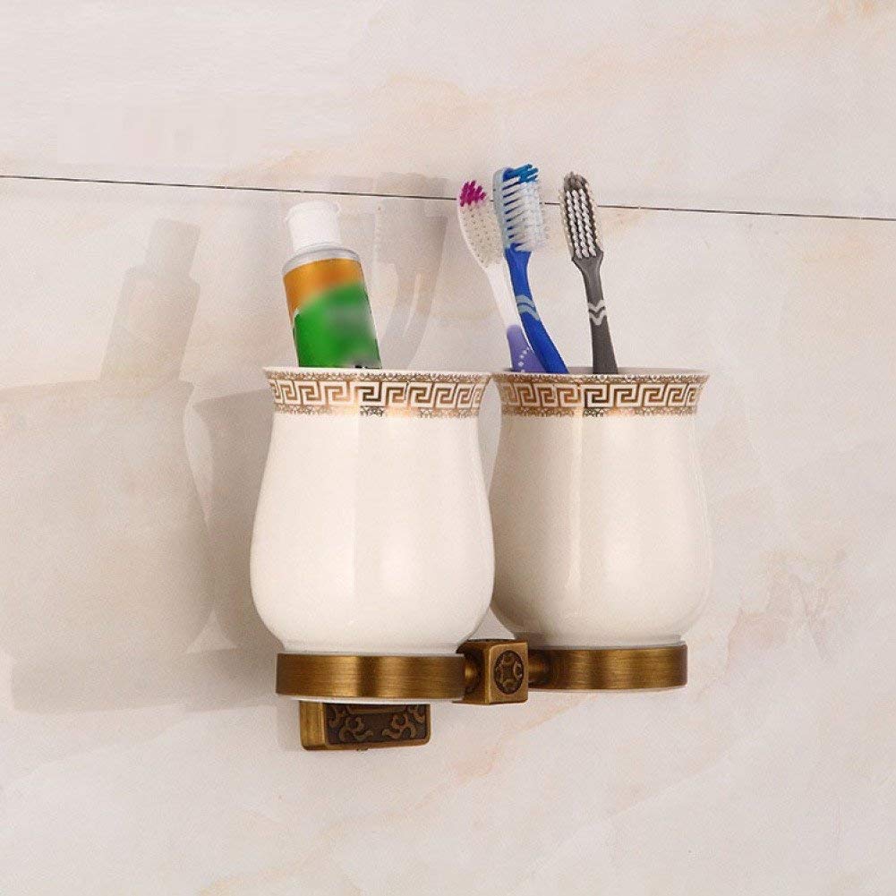 GZZ Europäische Badezimmer Antik Kupfer Doppel Zahnputzbecher, Plating Rost, Home Badezimmer Wand Zahnbürstenhalter und Keramik Tasse