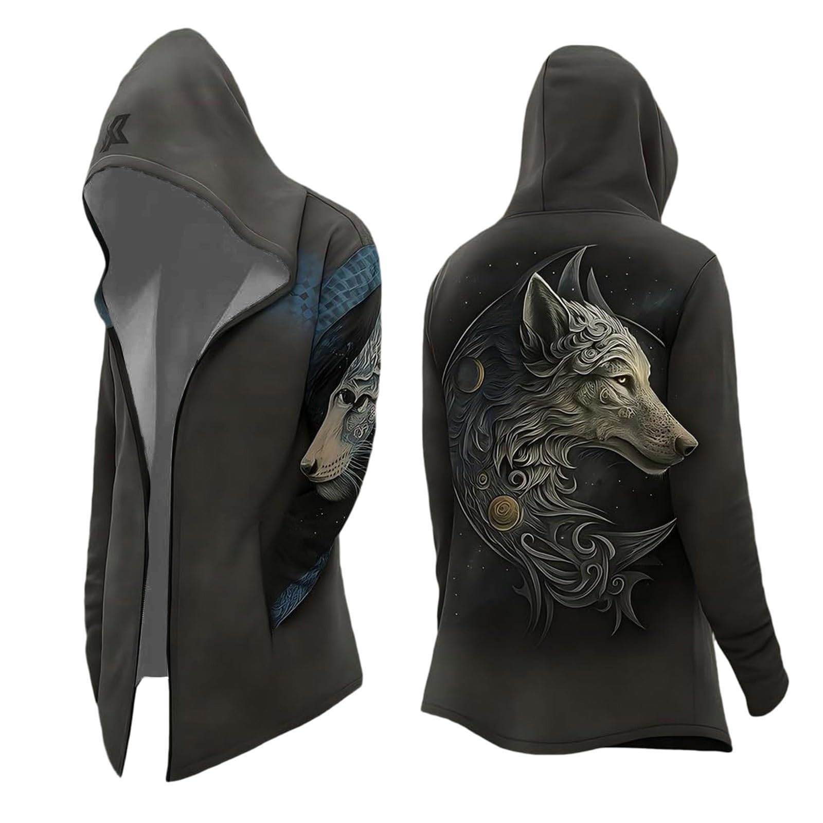 Men's Halloween Hoodie Medieval Norse Mythology Hooded Cardigan Motorcycle Jacket Long Sleeve Casual Loose Fit Streetwear Coat for Daily Wear Spring Autumn Winter (A16-Grey, M)