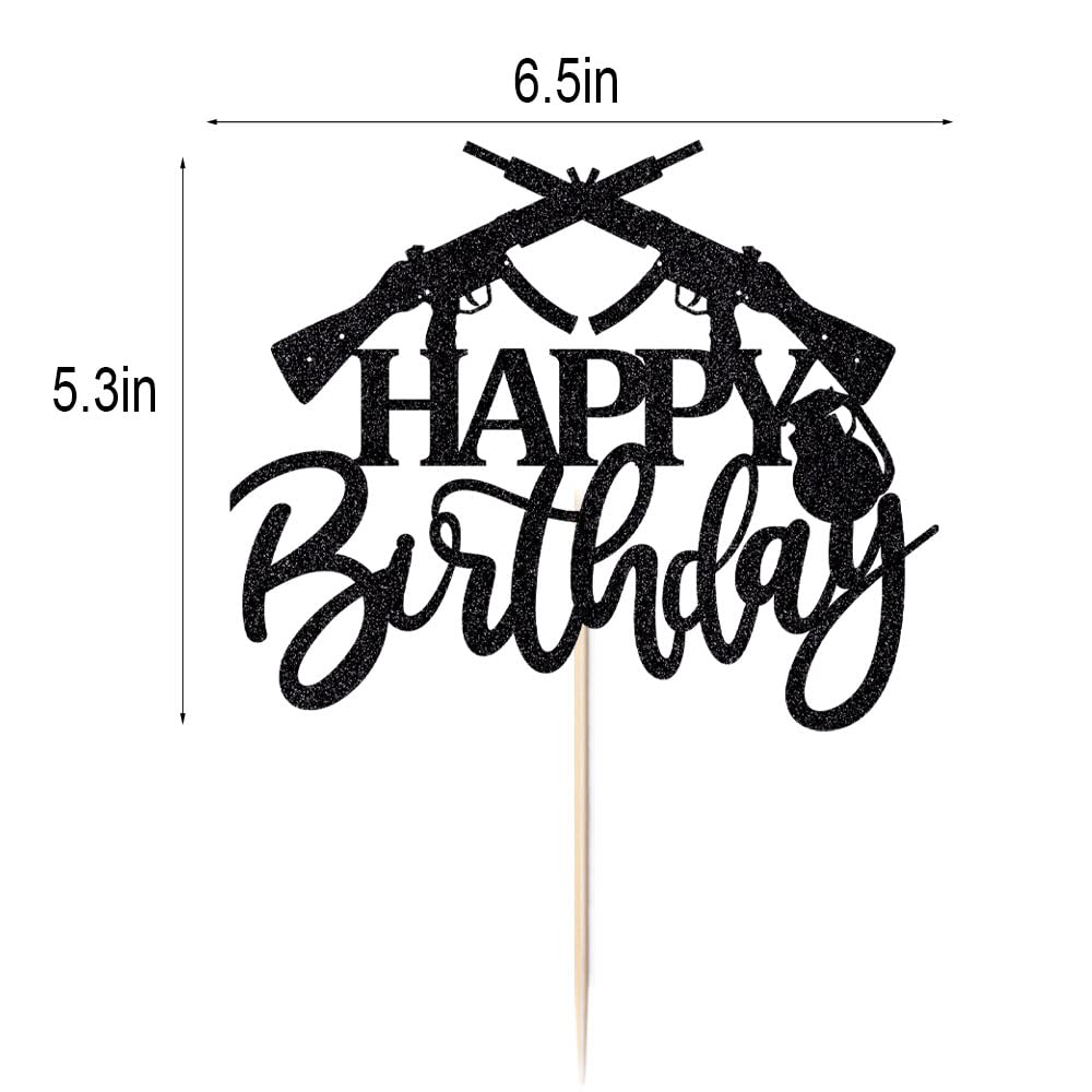 LVEUD Happy Birthday Cake Topper Gun Theme Enthusiast Black Glitter Party Decorations Supplies