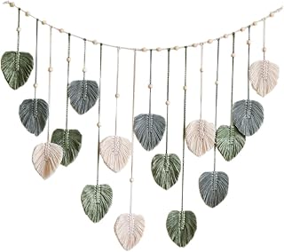Macrame Wall Hanging Tapestry, 47 x 30 in Leaf Tassel Boho Decor with Photo Clips for Bedroom Nursery Living Room