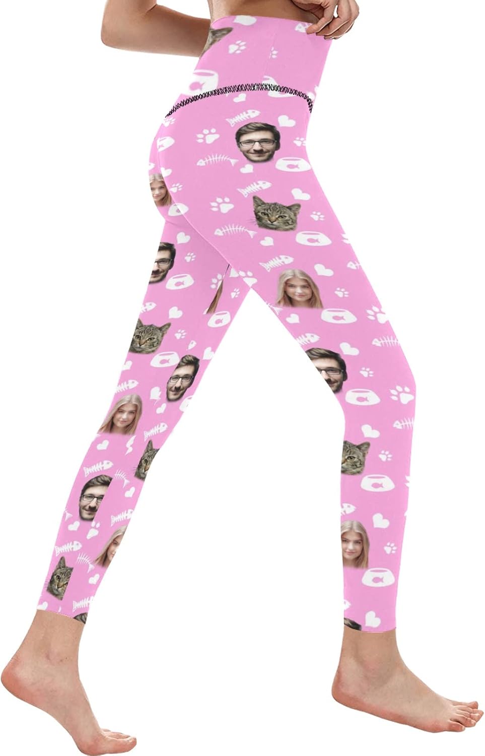 Custom Women Yoga Pants Leggings with Pet Cat Face Photo, Personalized Workout Athletic Running Pants for Cat Mom Lover
