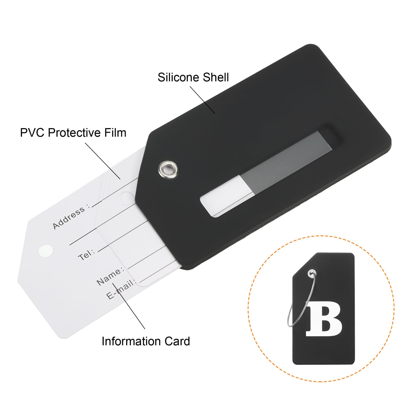 sourcing map Etichette in silicone per bagagli, 9,1 x 5,1 cm, per documenti d'identità, per valigie da viaggio, lettera B, nero, confezione da 2