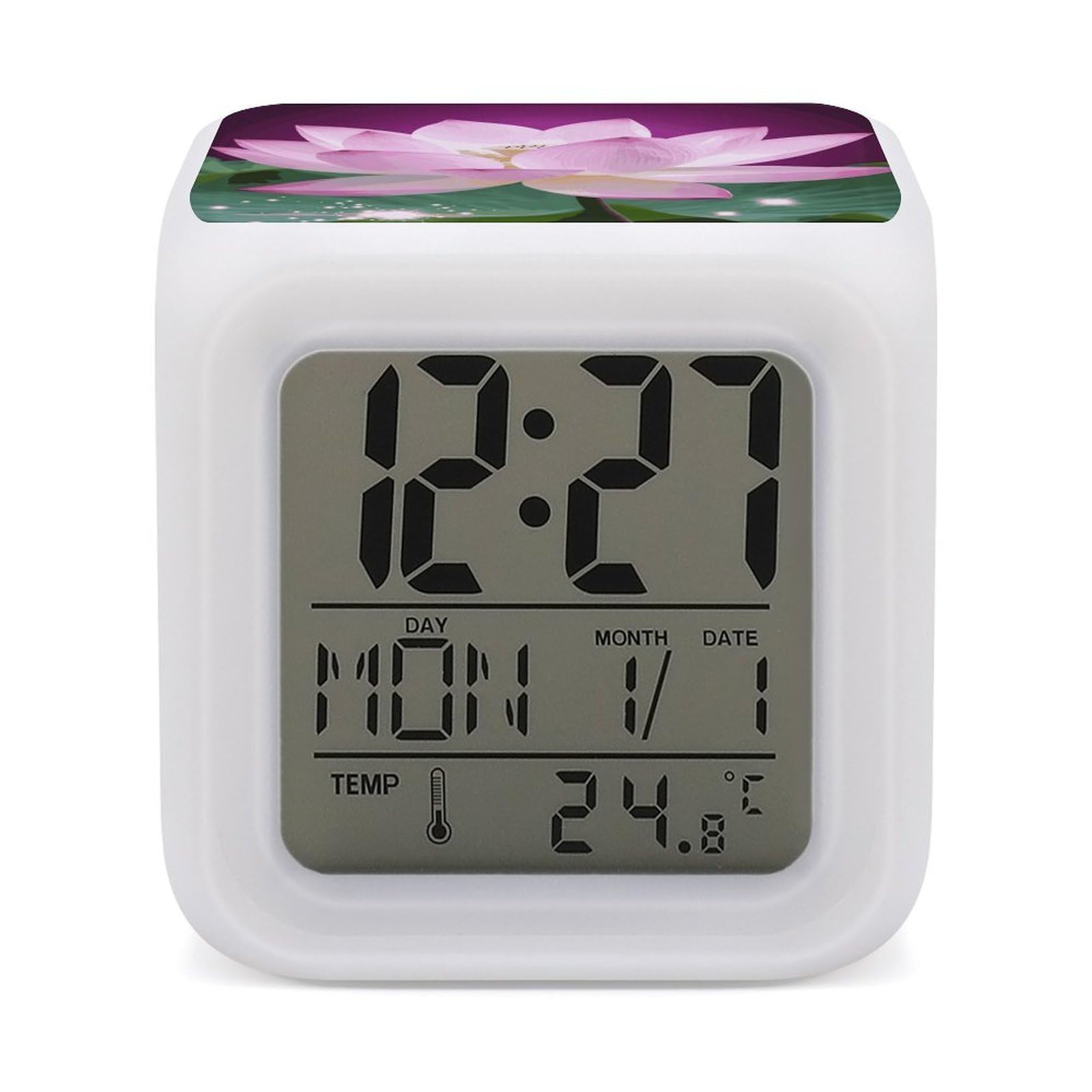 VstaDank Asian Lotus Flower Alarm Clocks with 7 Color Changing Night Light Exquisite Bedroom Digital Clocks with LED Temperature Display Desk Clock Ok to Wake Clocks for Heavy Sleeper