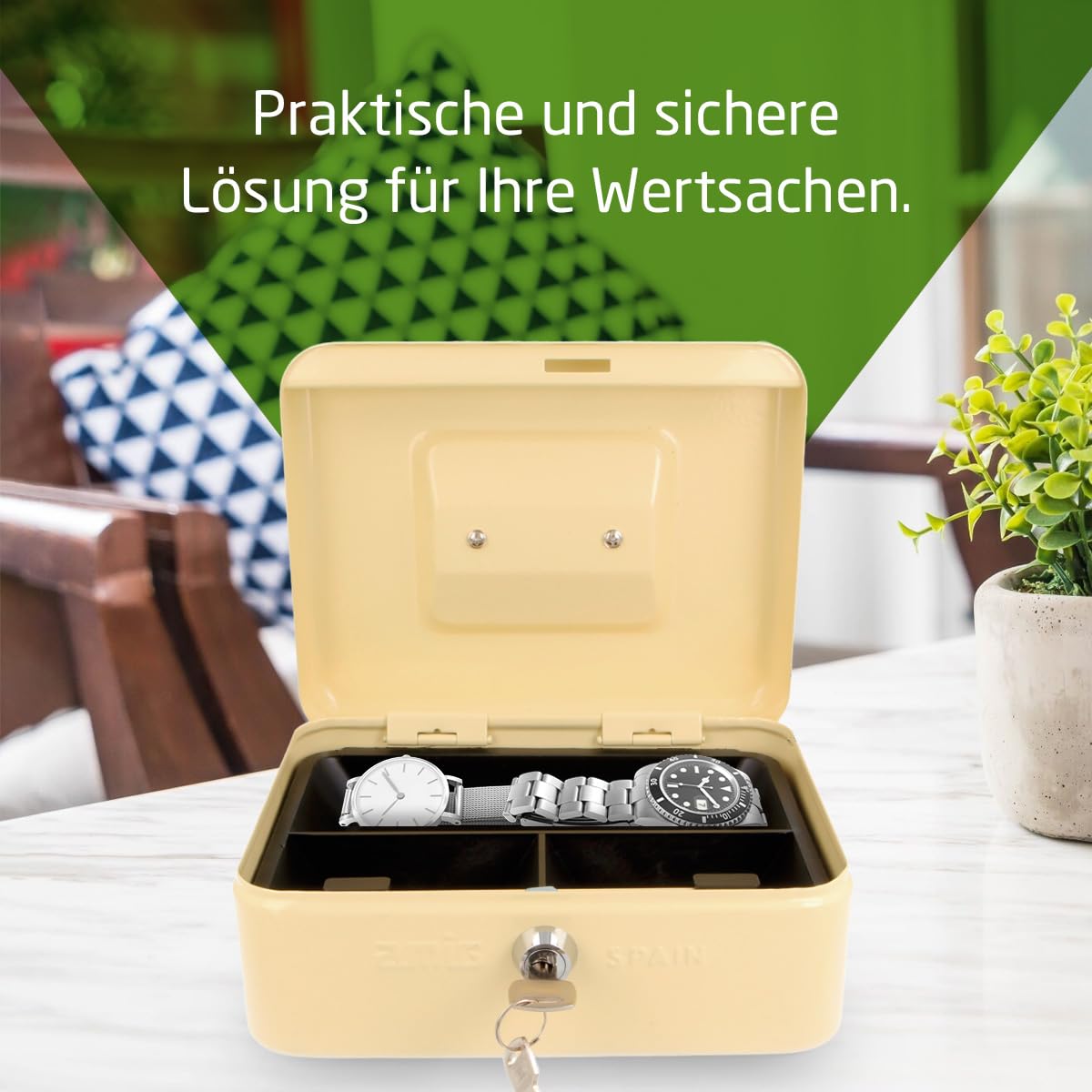 Amig - Sicher | Geldkassette | Safe für Geld, Scheine und Münzen | Mit Münzfach und 2 Schlüsseln | Stahl | Farbe: Elfenbein| 200 x 160 x 90 mm