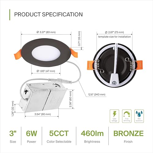 Miniatura 2 de ASD Paquete de 4 luces LED empotrables de 12 pulgadas, 5 CCT 2700K-5000K seleccionables, 24W 90W Eqv, regulable ultra fina lámpara de techo redonda