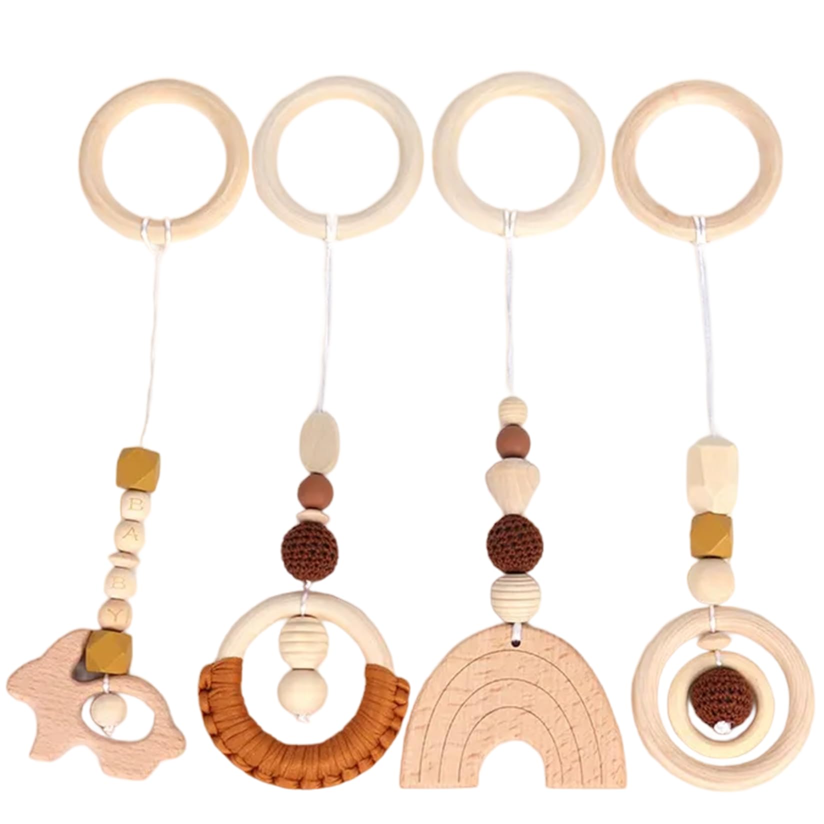 Ngbbby 4Pcs Hanging Toys for Baby Gym Wooden Baby Hanging Toys Children's Toy Crib Wooden Rattle Toy Bed Pendant for Stroller Crib Bed