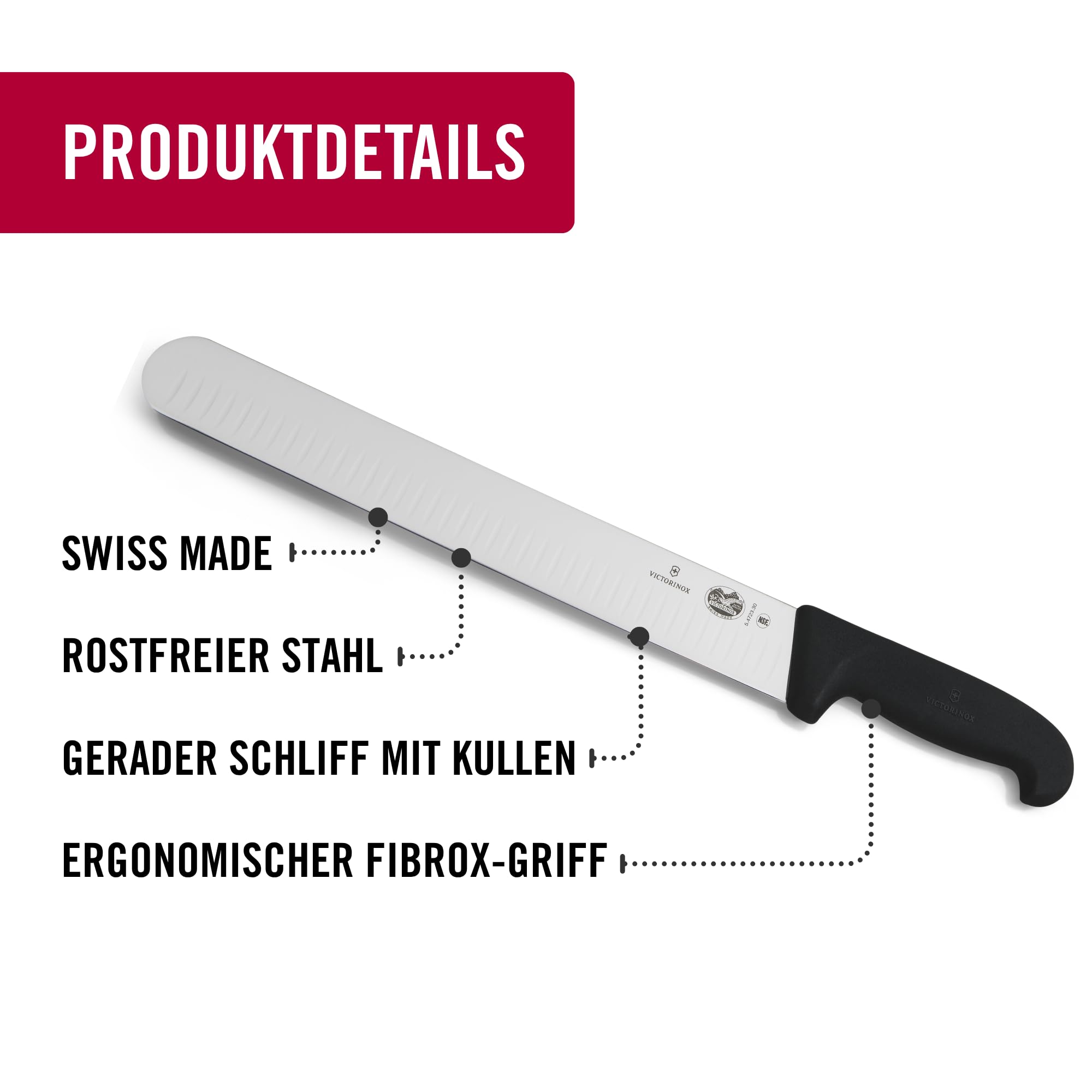 Victorinox Fibrox Schinkenmesser mit Kullenschliff, Scharfes Küchenmesser für Fleisch und Schinken, 30 cm, Gerade Klinge, Rostfreier Stahl, Schwarz