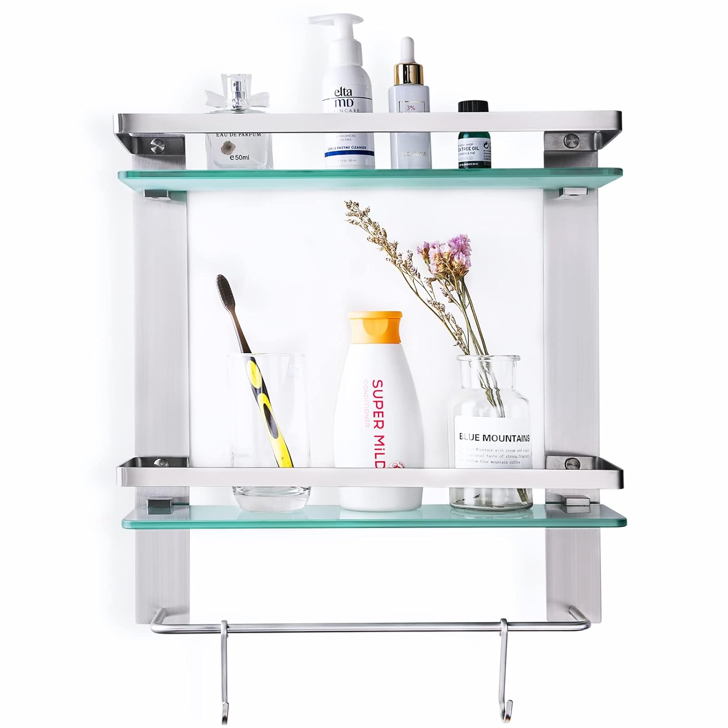 HOMEIDEAS Bathroom Tempered Glass Shelf 15 Inch SUS304 Stainless Steel