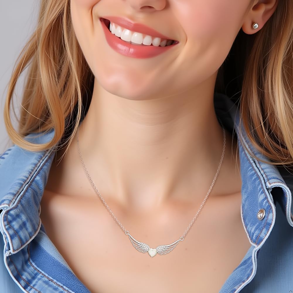 Angel Wings Necklace Sterling Silver Guardian Angel Wing Necklace for Women Opal Heart Pendant for Christmas Jewelry Birthday Gifts - Image 5