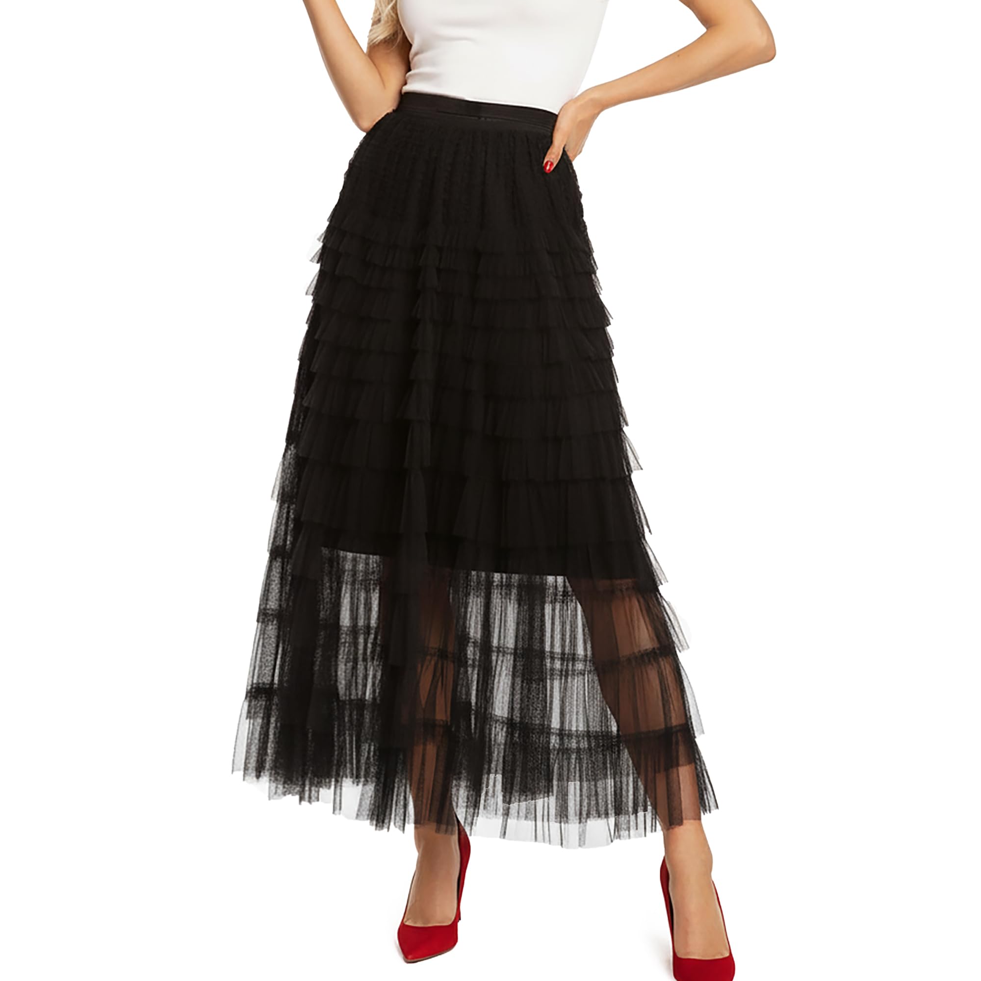 Women's Layered Long Maxi Tulle Skirts, High Waisted A Line Ruffle Tiered Layered Mesh Tutu Petticoat Tulle Skirt