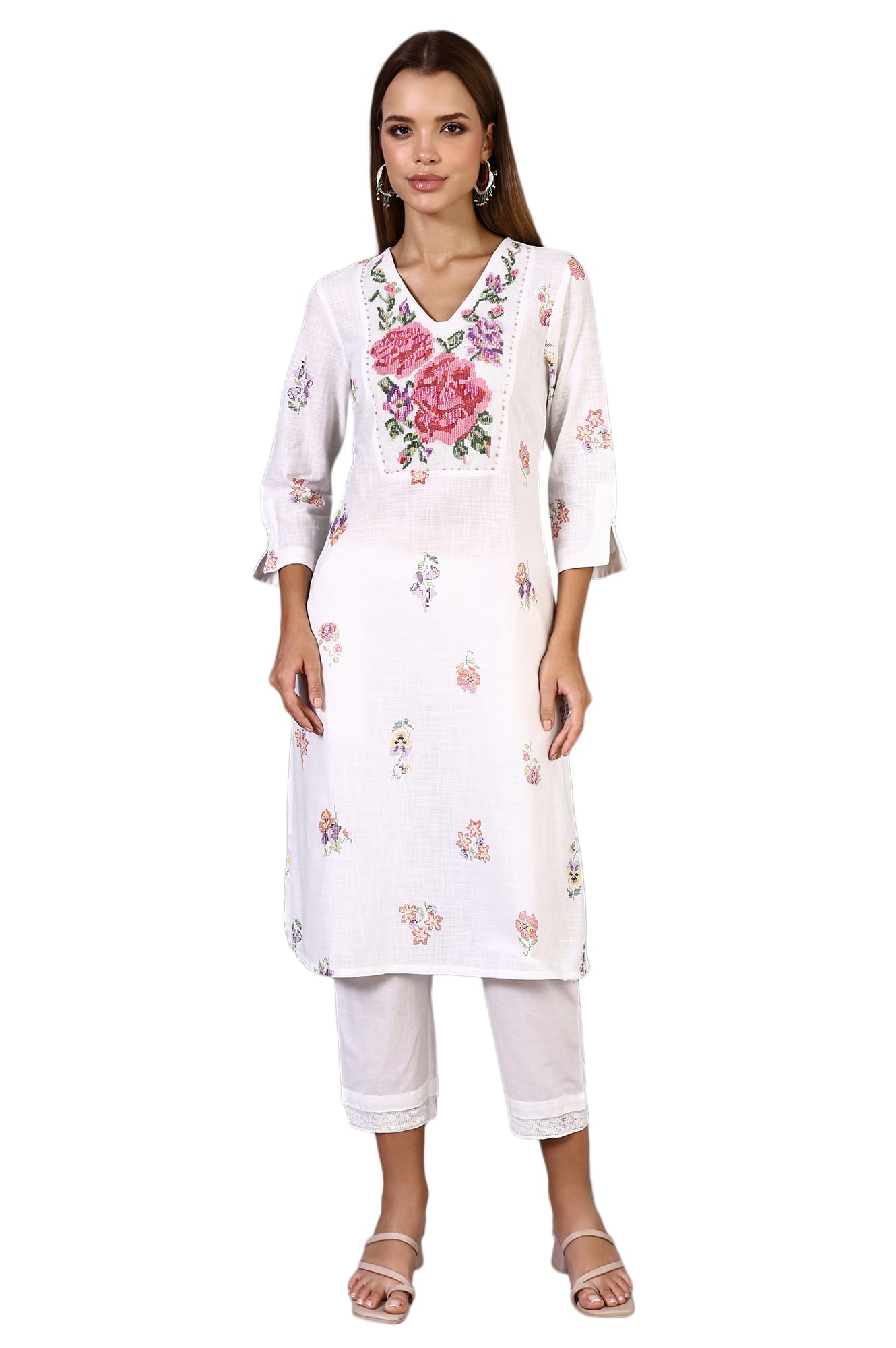 w for woman White Floral Printed Thread Embroidery Pure Cotton Straight Kurta-picture-25