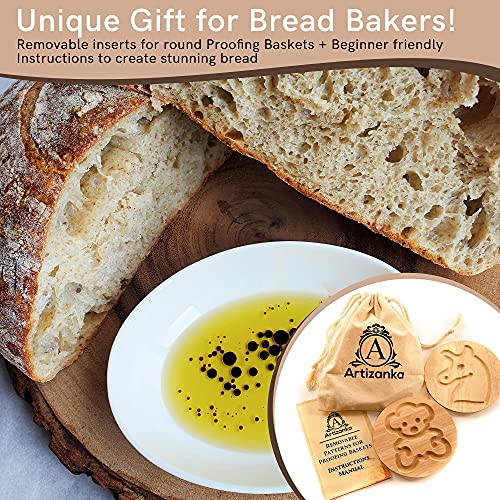 Removable Patterns For Proofing Basket - Unique Wooden Bear & Unicorn Round Banneton Bottom Inserts - Tools For Decorating Bread - Includes Cotton Bag & Instruction Manual (Patterns Only) #TOP6