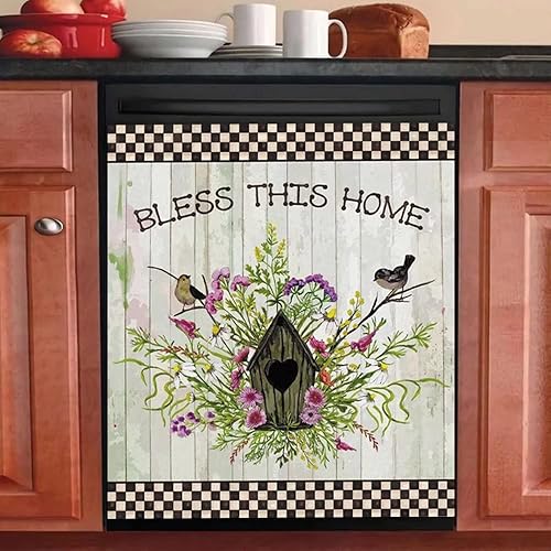 Bless This Home - Adhesivo magnético para lavavajillas, panel de vinilo para nevera, diseño de pájaros y flores, para lavavajillas, para nevera,