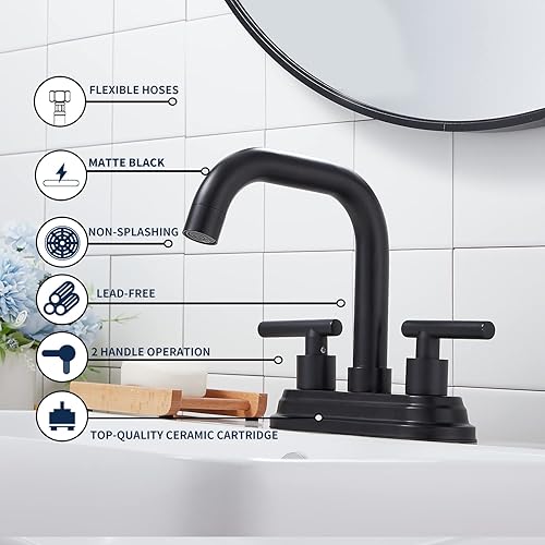 Miniatura 5 de GGStudy - Grifo de baño negro mate con 2 manijas de 4 pulgadas, juego central de tocador de baño con montaje de drenaje y manguera de suministro,