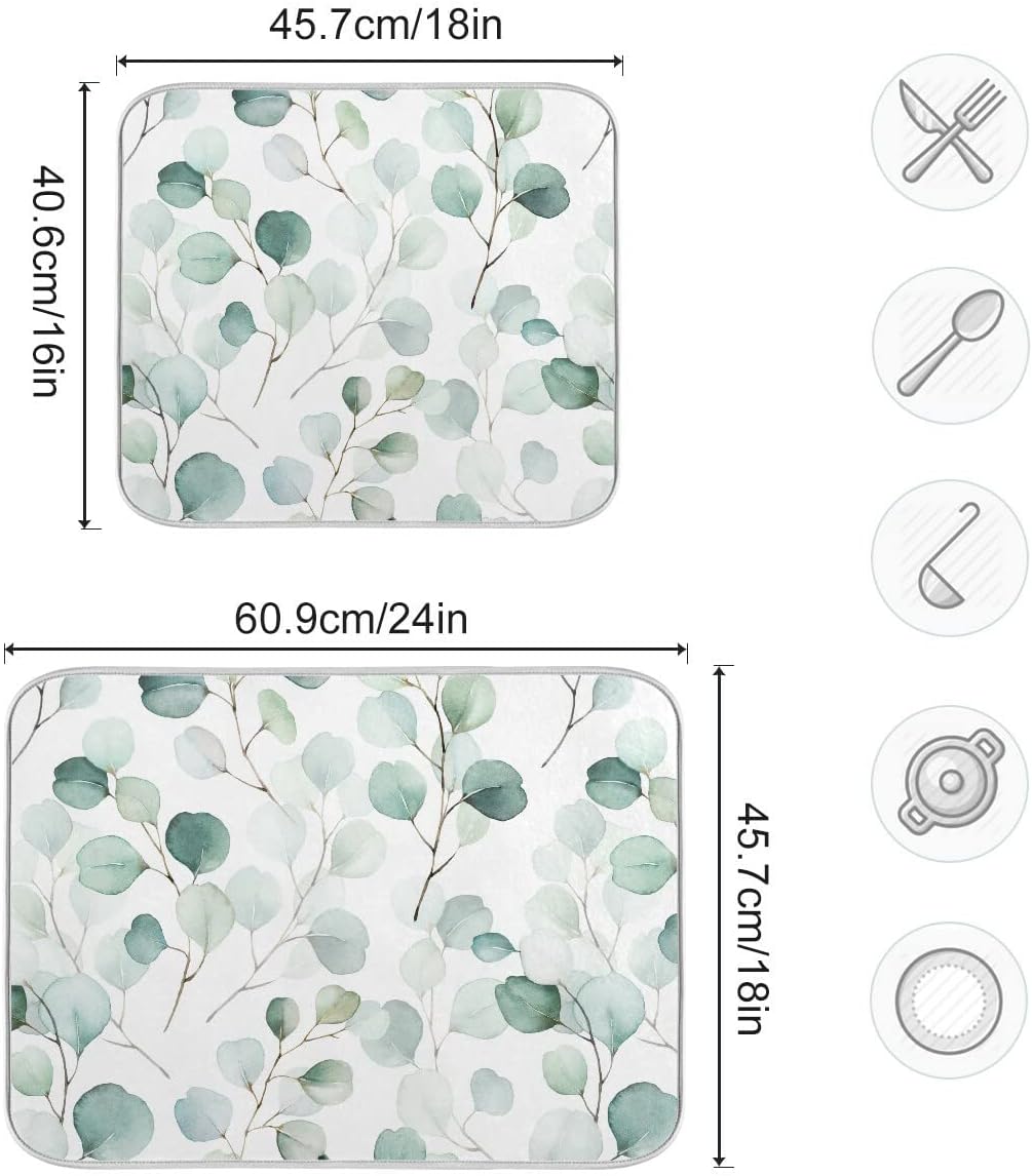 Green Leaves Dish Drying Mat 16x18 for Kitchen Counter Watercolor Herbs Women Kitchen Drying Mats Dishes Pad Absorbent Fast Dry Dish Draining Mats Medium Kitchen Accessories