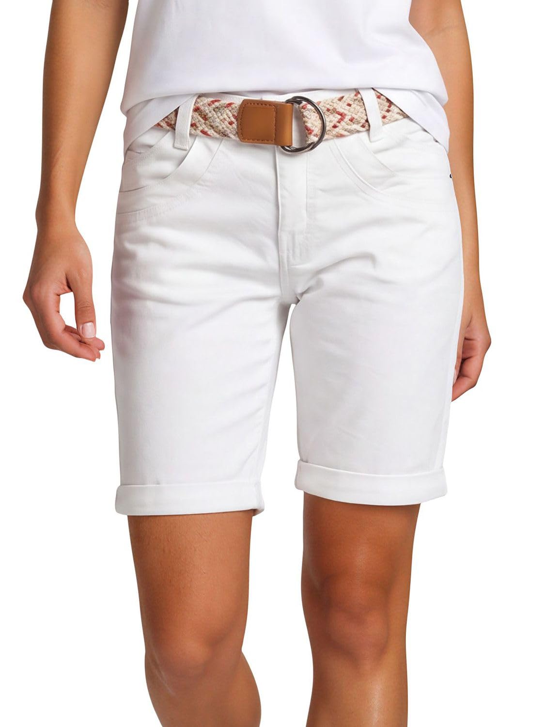 DENIMFY Bermuda Shorts Damen mit Gürtel Regular Fit DFPia Kurze Hose Chino Short Sommer Stretch Einfarbig Weiß Beige Pink Blau Olive Navy S M L XL XXL