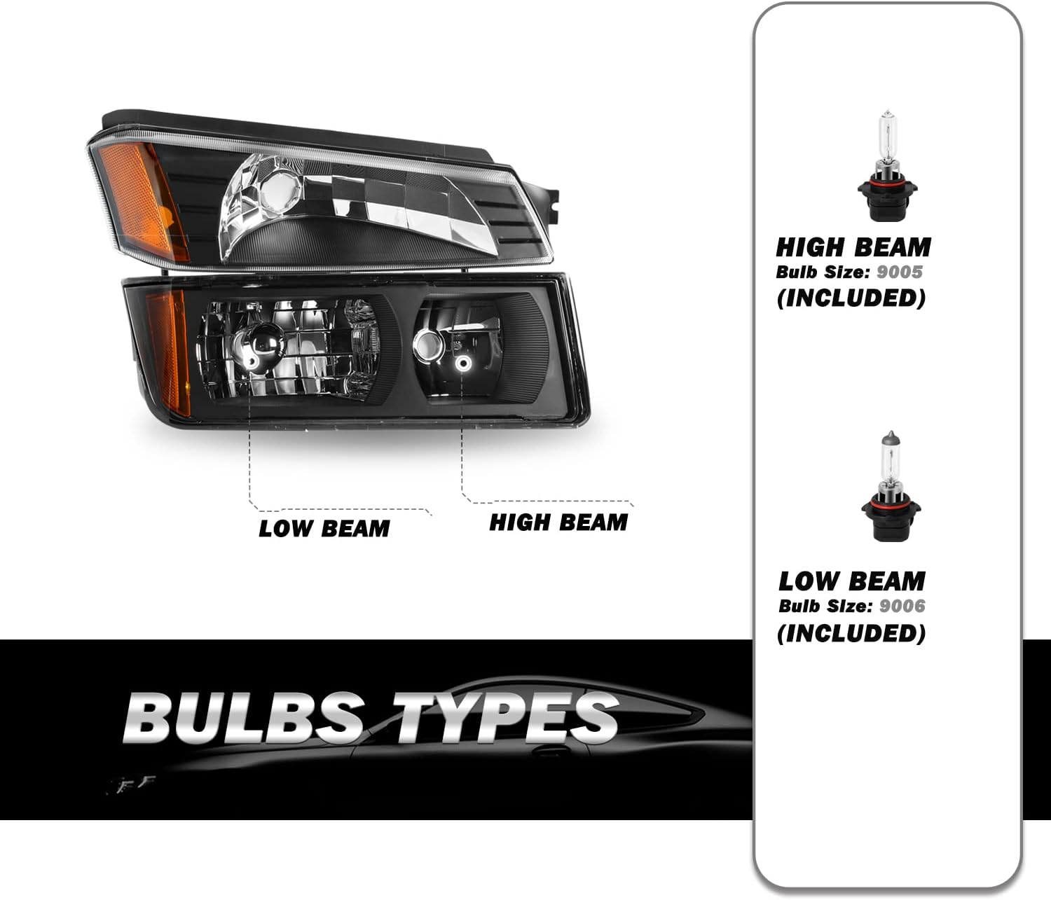 SOCKIR 4PCS Headlight Assembly Compatible with 2002-2006 Chevy Avalanche Body Cladding Model Headlights+Bumper Lights Set Black Housing & Amber Reflector