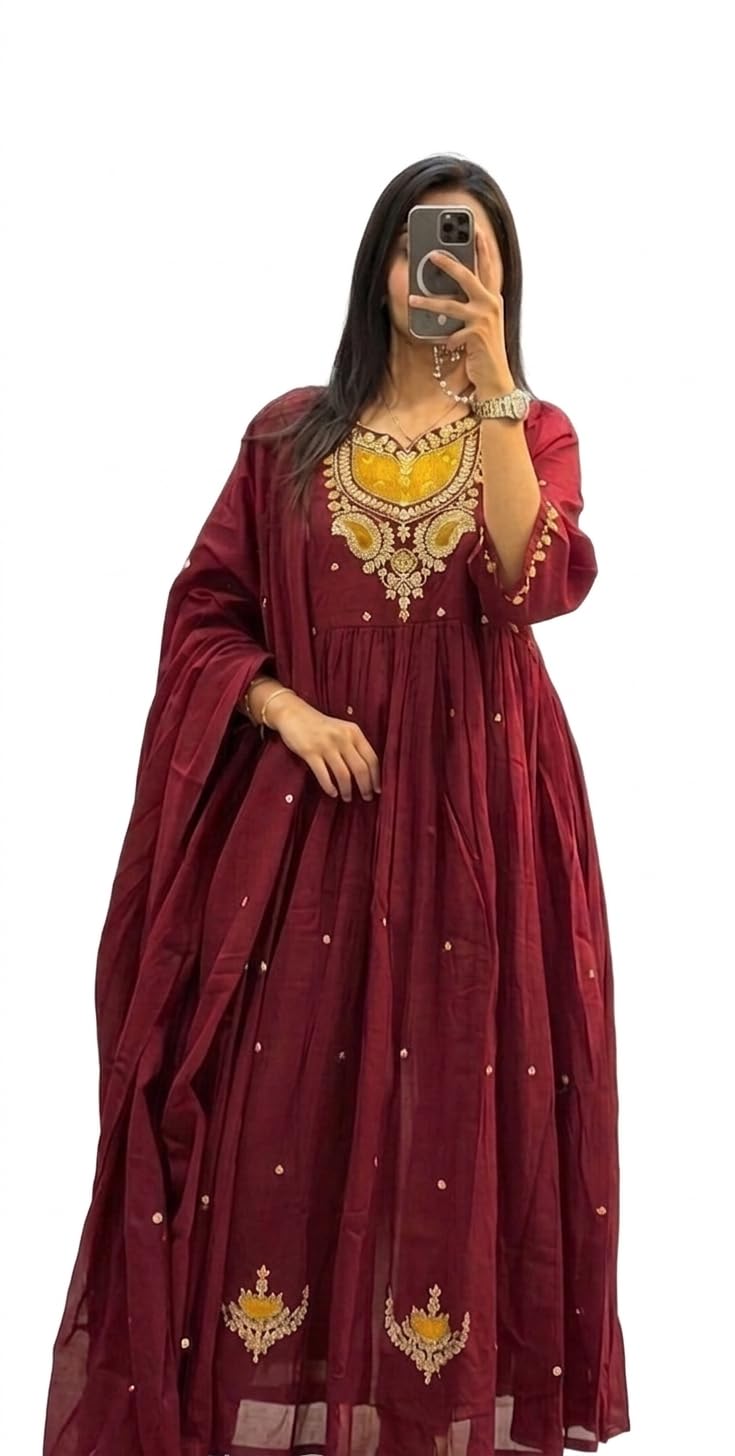 Maroon Embroidered Anarkali Gown with Dupatta, Floral Zari Work, Festive Ethnic Wear-picture-32