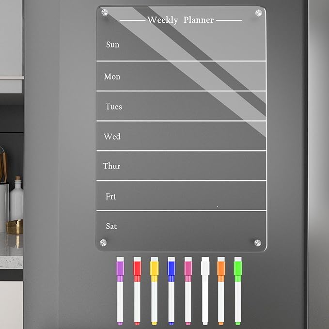 9"x13" Clear Weekly Meal Planner Magnetic Acrylic Board,Acrylic Magnetic Dry Erase Board for Fridge, Magnet Week Calendar for Refrigerator Includes 6 Colors Markers and Pen Container