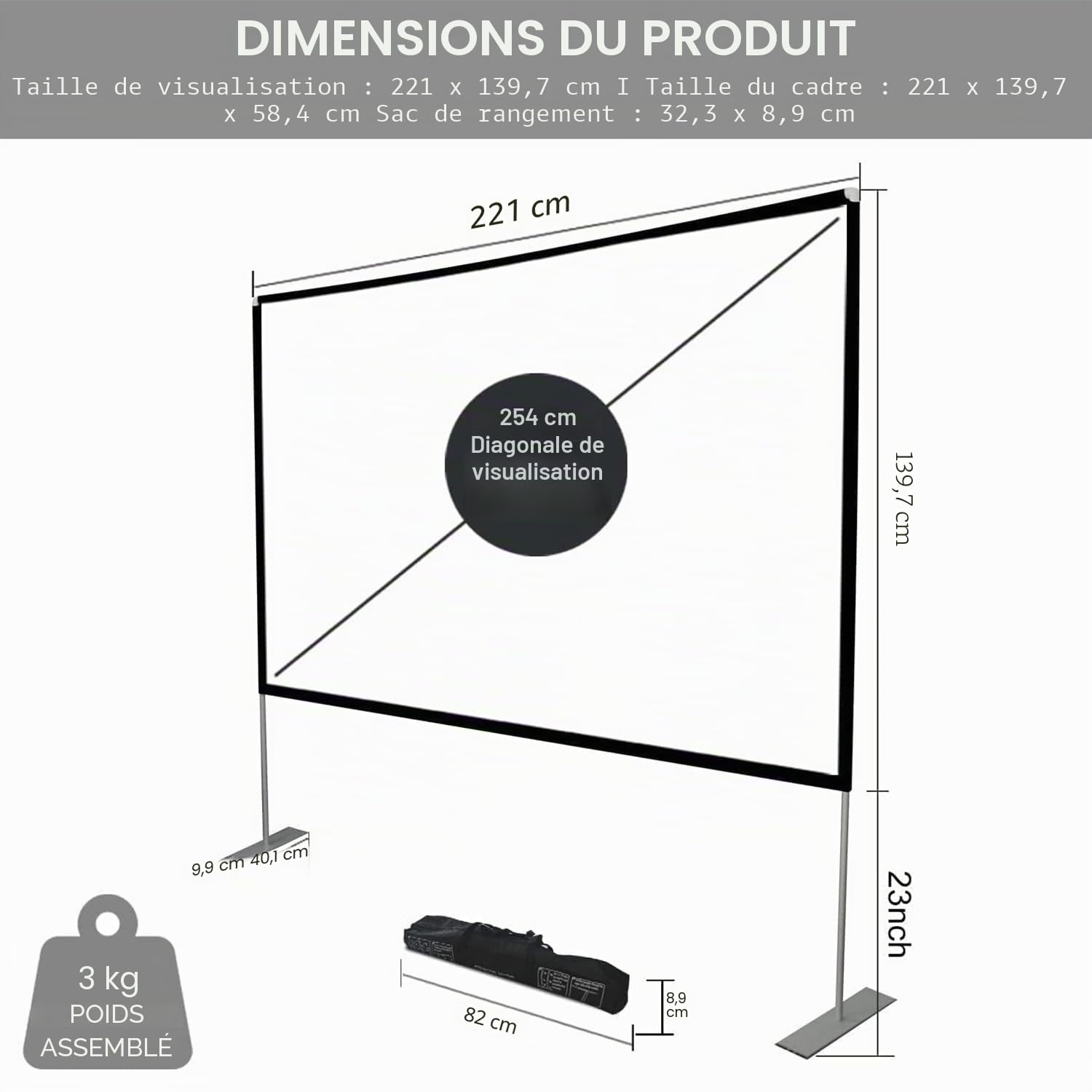 Écran de Projection avec Support portatif de 100’’16:9 4K Écran de Projection Avant et arrière HD Écran de Film avec Sac portatif pour Les Voyages intérieurs et extérieurs à Domicile Jardin cinéma