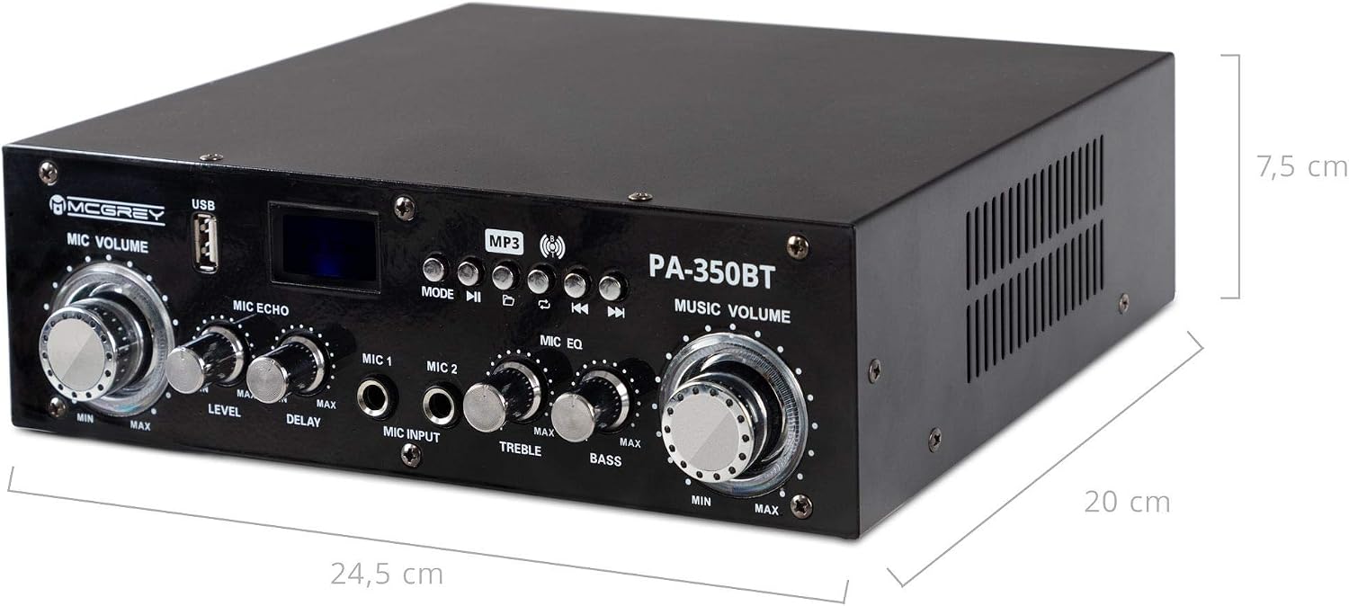 Side view of McGrey PA-350BT amplifier with dimensions labeled