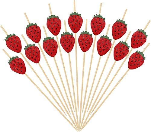 Honbay 100 piezas de palillos de bambú de fresa para cóctel, palillos de frutas divertidos, sándwich, aperitivo, brochetas para decoración de bodas,