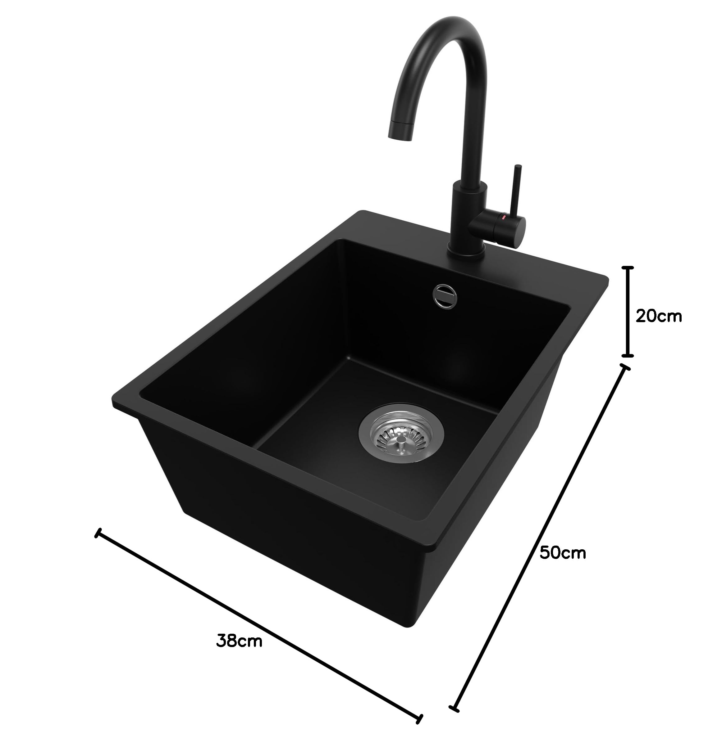 PRIMAGRAN Granitspüle Schwarz 38x50cm, Spülbecken 1 Becken + Küchenarmatur 32x20cm + Ablauf-Set, Küchenspüle ab 40er Unterschrank - Riga S045