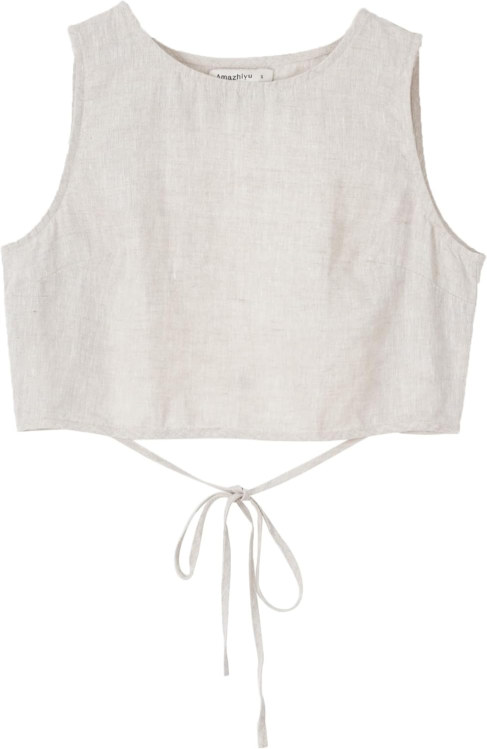 Amazhiyu Womens 100% Linen Summer Cropped Tops Open Back Sleeveless Crewneck Tie