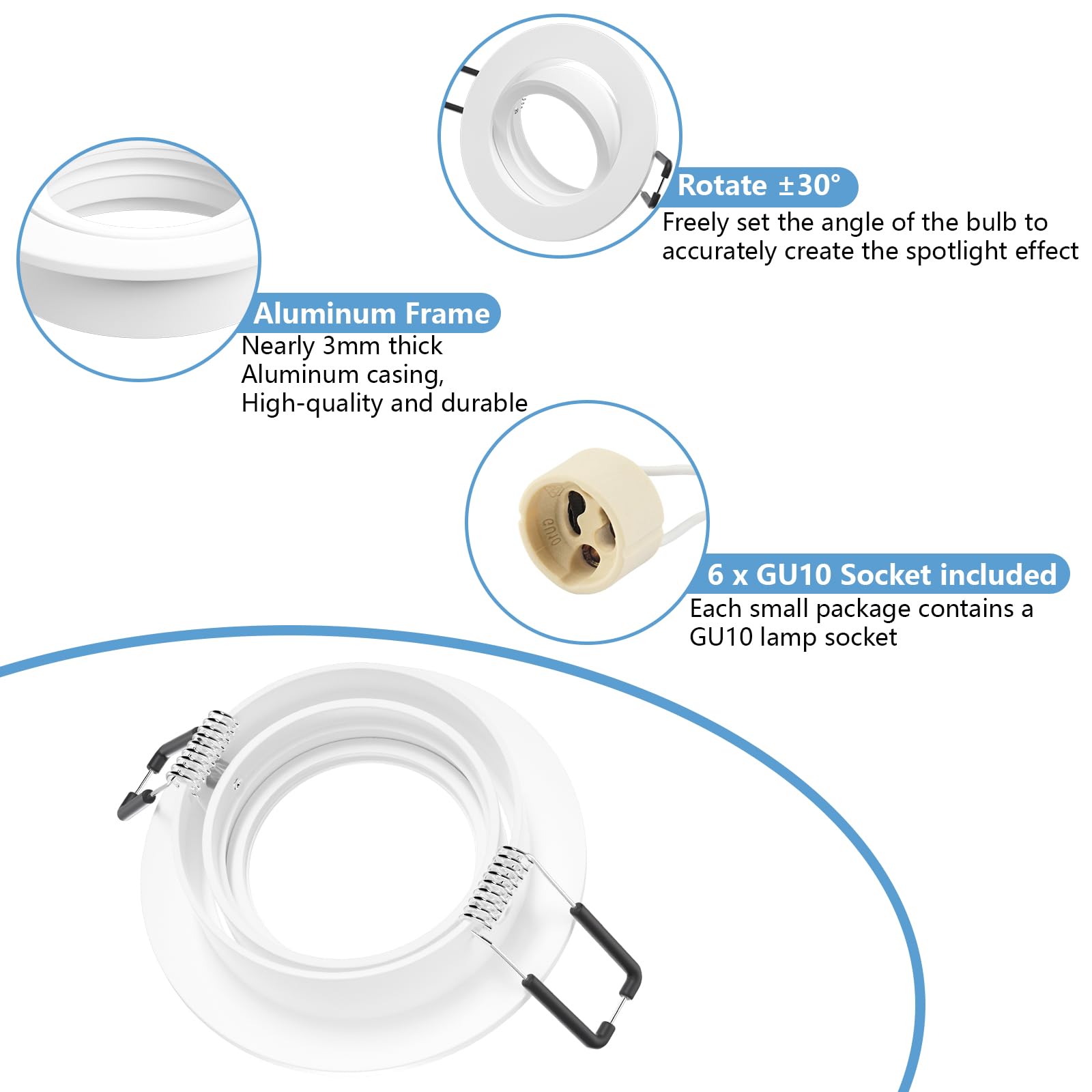 12x Spot Encastrable GU10 Aluminium, Orientables Blanc Support Spot Encastrable Cadre De Montage Avec Douille GU10, Rond Spot de Plafond 68mm extra plat Pour LED, Trou de montage ø60-75mm