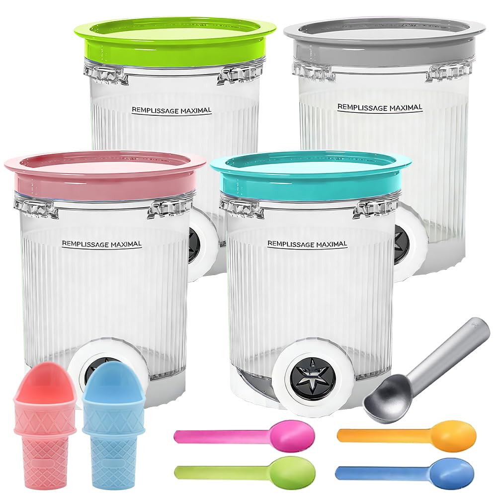 NAVESO 4 Pièces Pot pour Ninja Creamy Deluxe 500ml, Récipient pour Ninja Creami avec Couvercle et Cuillère, Accessoires pour Machine à Glace Ninja pour Série NC700, Sans BPA et Lave-Vaisselle