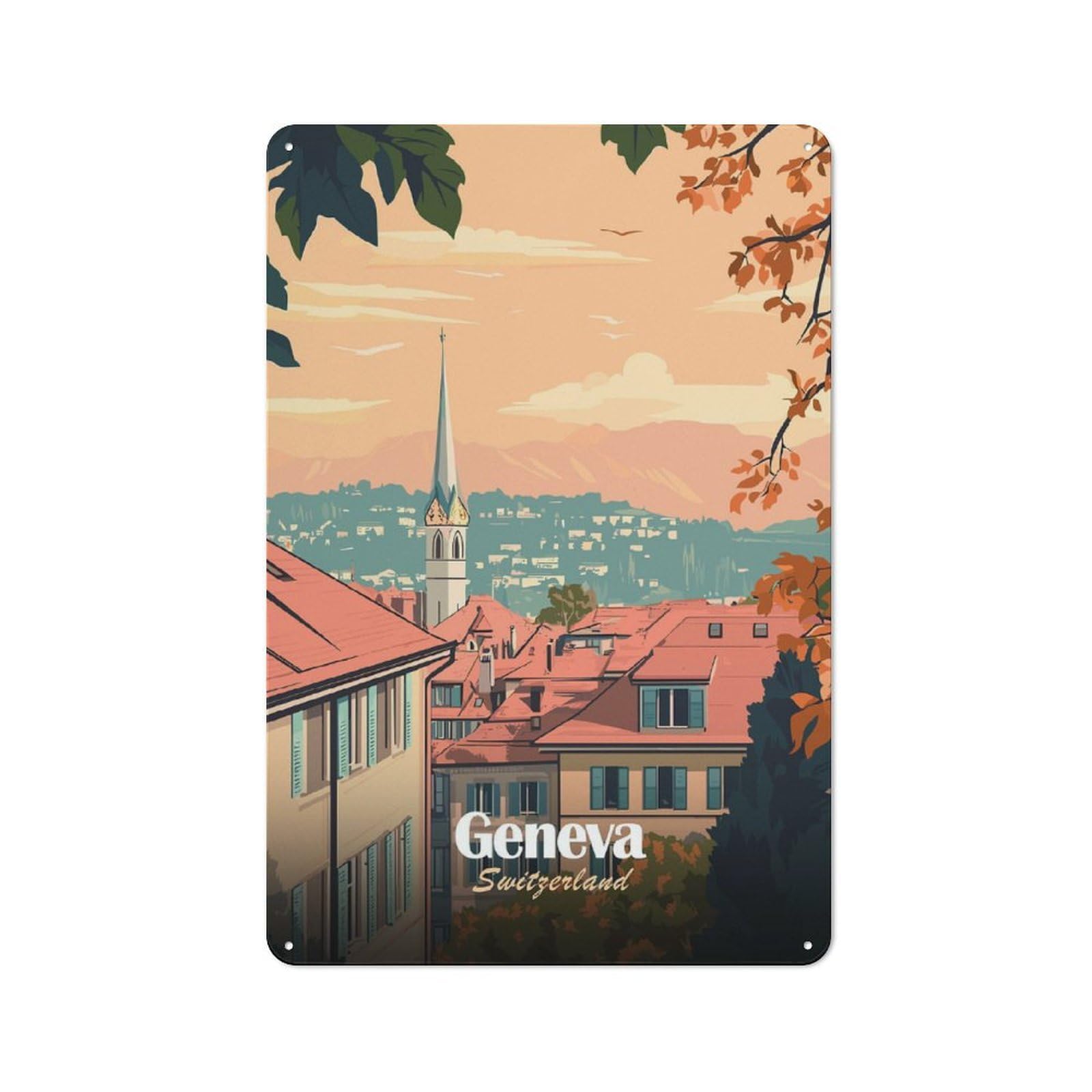 Junmoney Style-18 Vintage Decorative Tin Plaque 30X20cm Featuring Geneva Switzerland Cityscape Travel, Home Wall Decor For Bedroom, Kitchen, Office Or Living Room