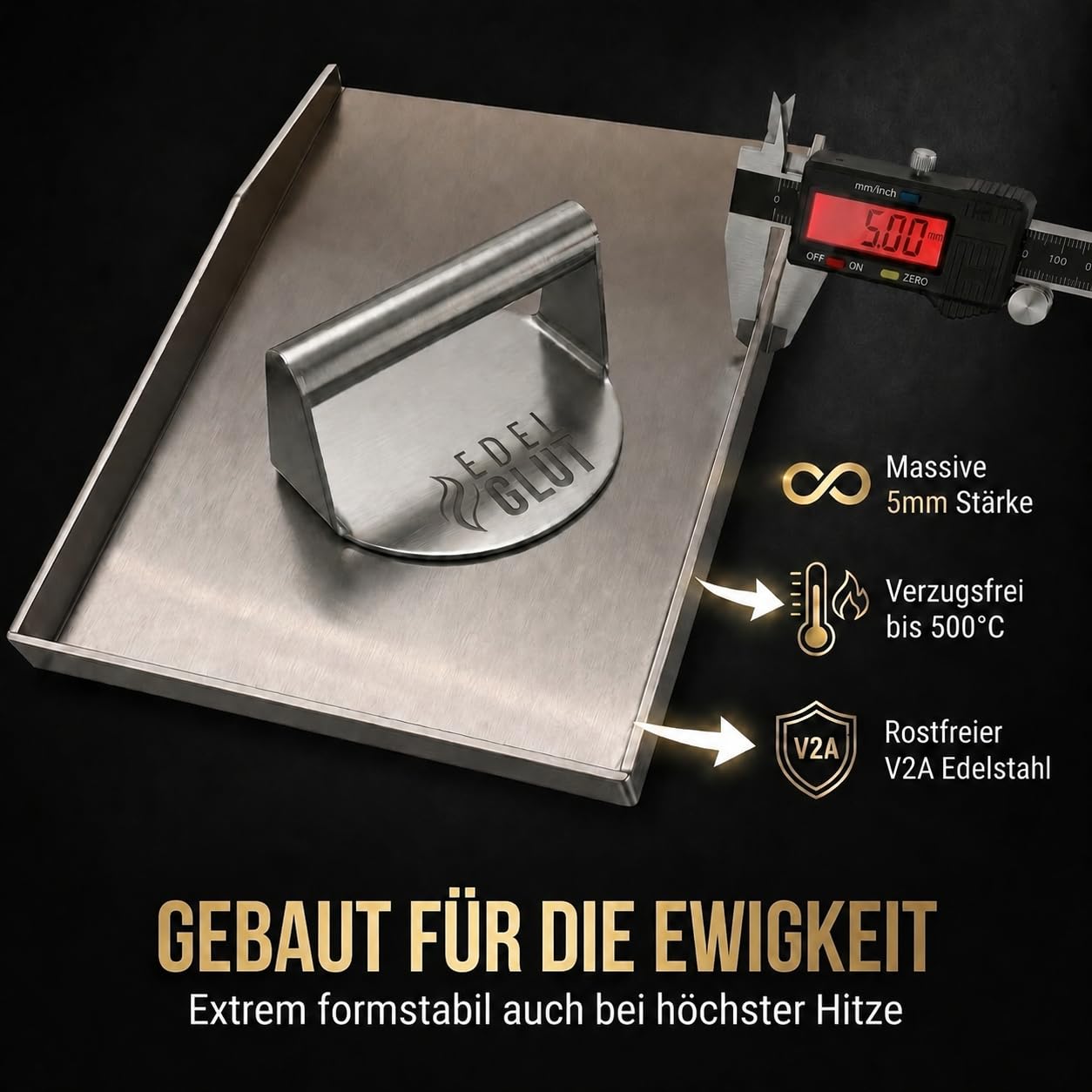 Plancha-Grillplatte-Set - 5mm Premium-Edelstahl-Grillplatte inkl. Burgerpresse, Grillspachtel, Burgerpapier, Rezeptbuch - Smash-Burger-Set - Grill-Zubehör-Männer-Geschenk