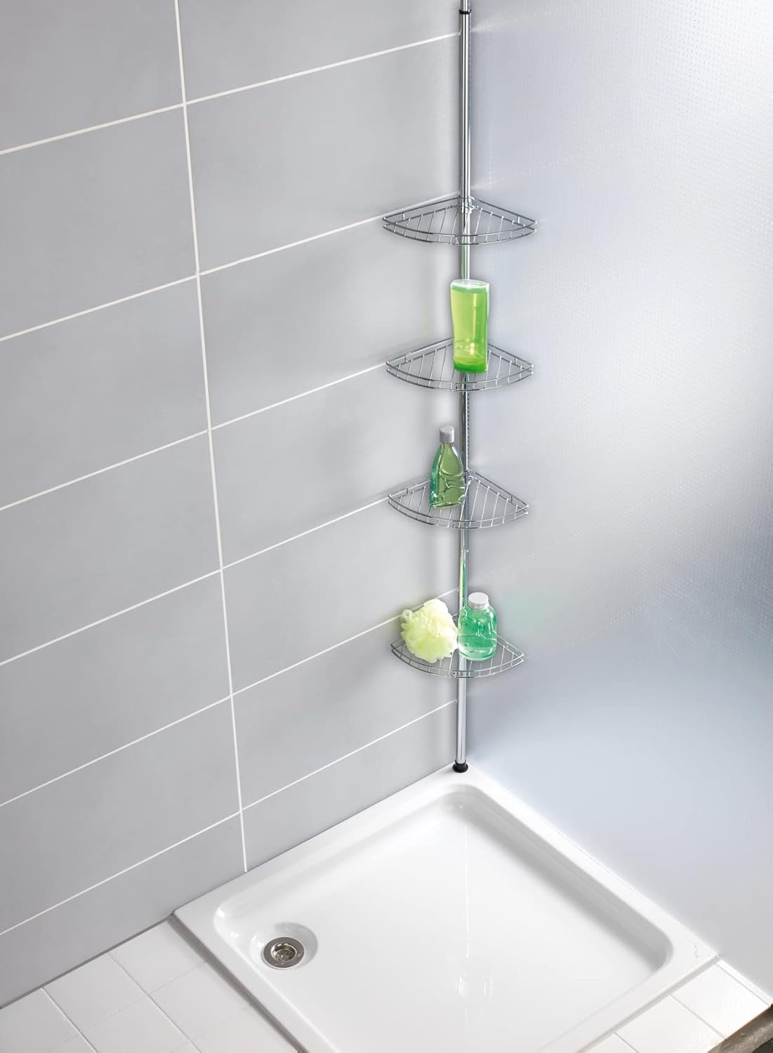 Półka prysznicowa WENKO Prea w użyciu z produktami