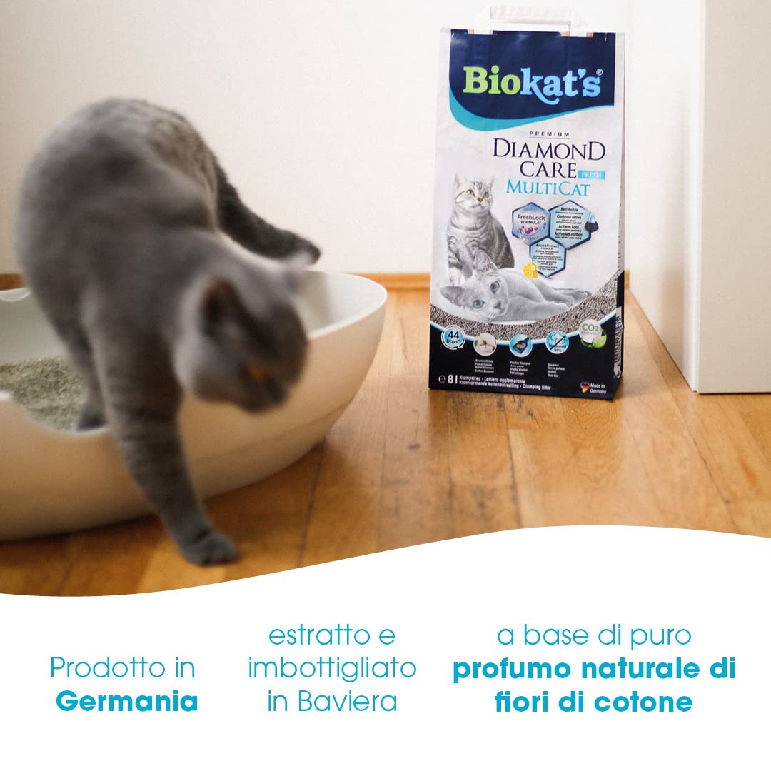 Biokat's Diamond Care MultiCat Fresh mit Duft - Feine Katzenstreu mit Aktivkohle speziell für Mehrkatzen-Haushalte - 1 Sack (1 x 8 L)