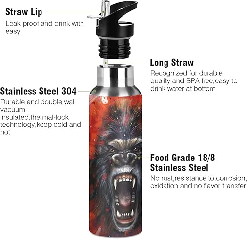 Miniatura 3 de King Kong - Botella de agua con tapa con pajilla, a prueba de fugas, para niños, con aislamiento de acero inoxidable, para deportes, gimnasio al