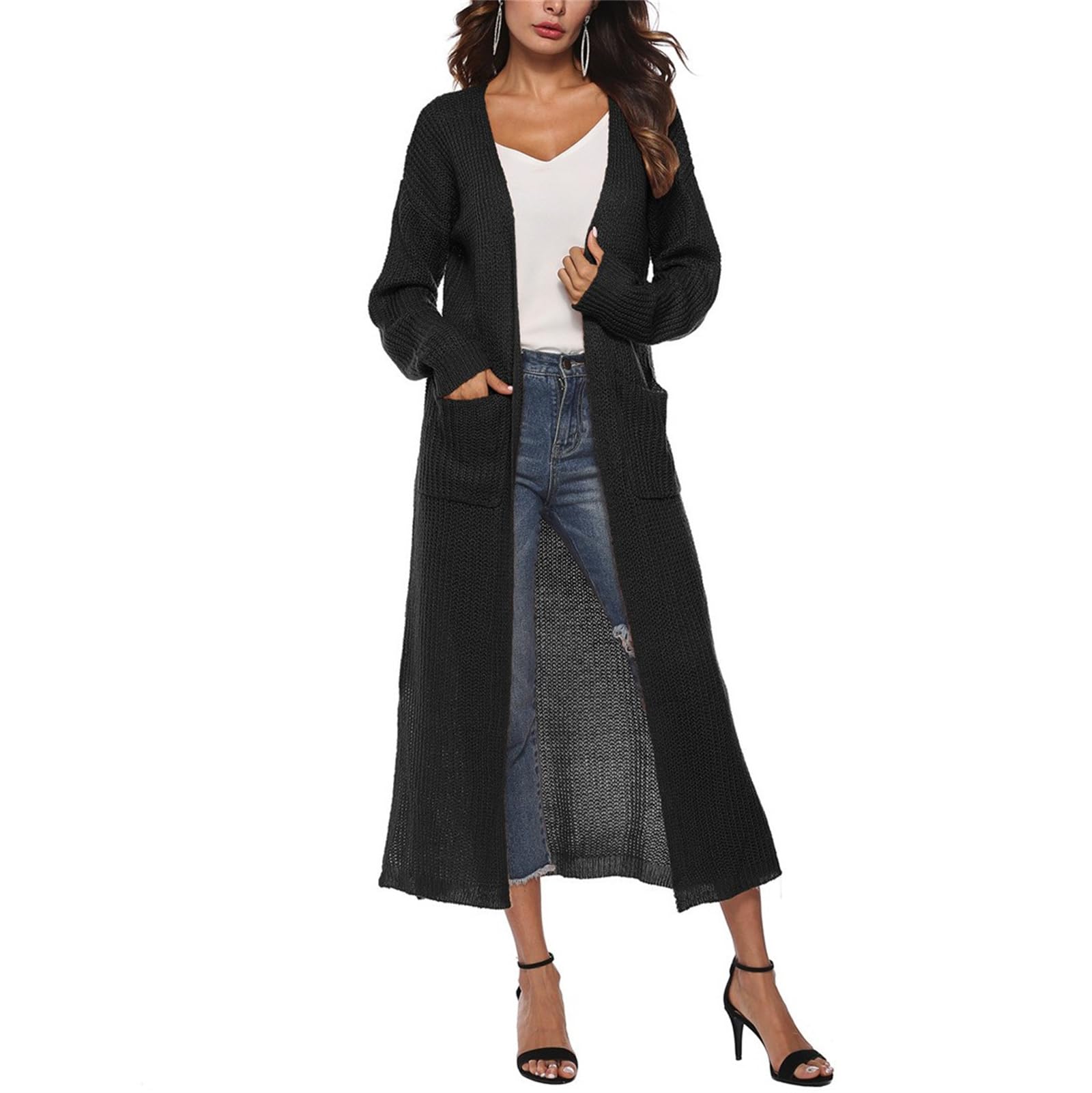 Gilet Long Femme Tricot Ouvert Avec Fentes Latérales Et Poches