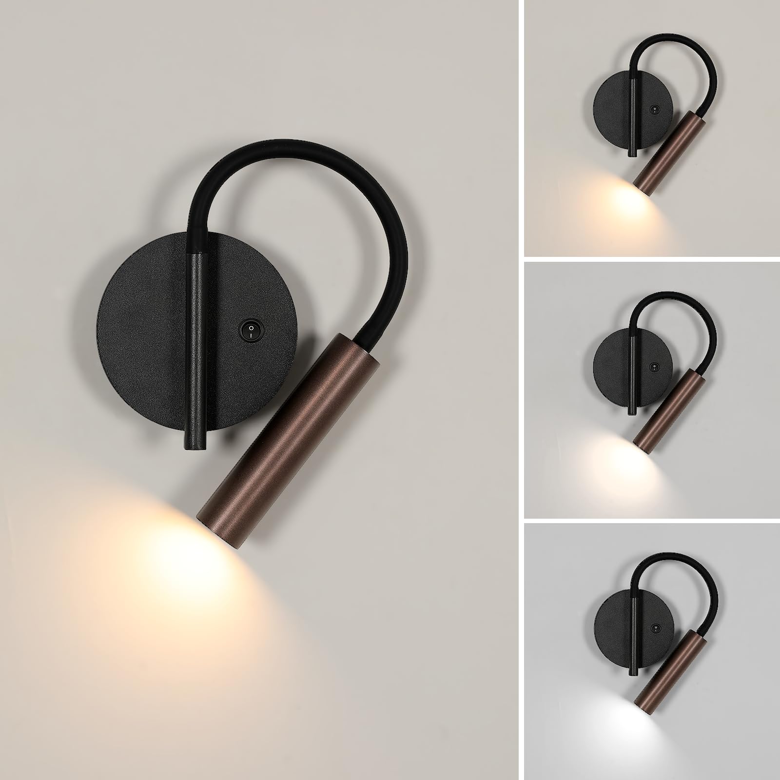 Tealight Leselampe Wandmontage, LED Wandleuchte Innen, Leselampe Wand, 3 Warmweiß Kaltweiß Neutralweiß Bett Leselicht, 360° Schwenkbar Schwanenhals Lampe aus Metall für Nachttisch,Café, Mit Schalter