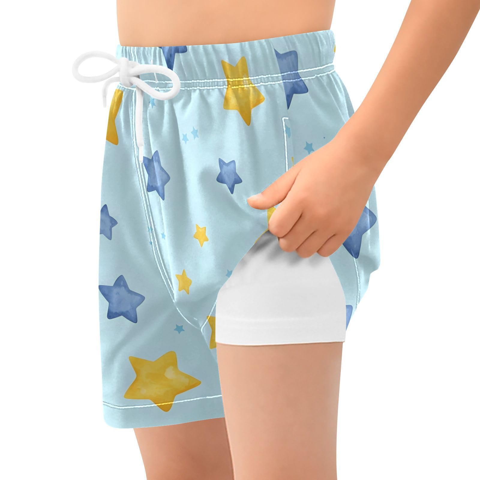 YANENDIE Boy Swim Trunks with Compression Liner Watercolor Stars Boys Swim Shorts Quick Dry Beach Shorts
