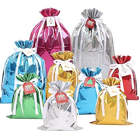 MAMUNU 15Pcs Christmas Drawstring Gift Bags, Assorted Sizes Solid Color Goodie Bags Christmas Wrapping Bags with Drawstring Ribbons and Tags, for Holiday Birthday Christmas Party (15) Cover